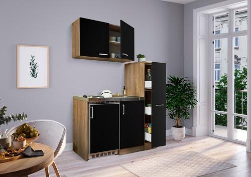 Miniküche mit Kühlschrank + Kochfeld 130 cm Schwarz/Eiche - Edelstahlfarben/Eichefarben, MODERN, Holzwerkstoff/Metall (130cm) - Respekta