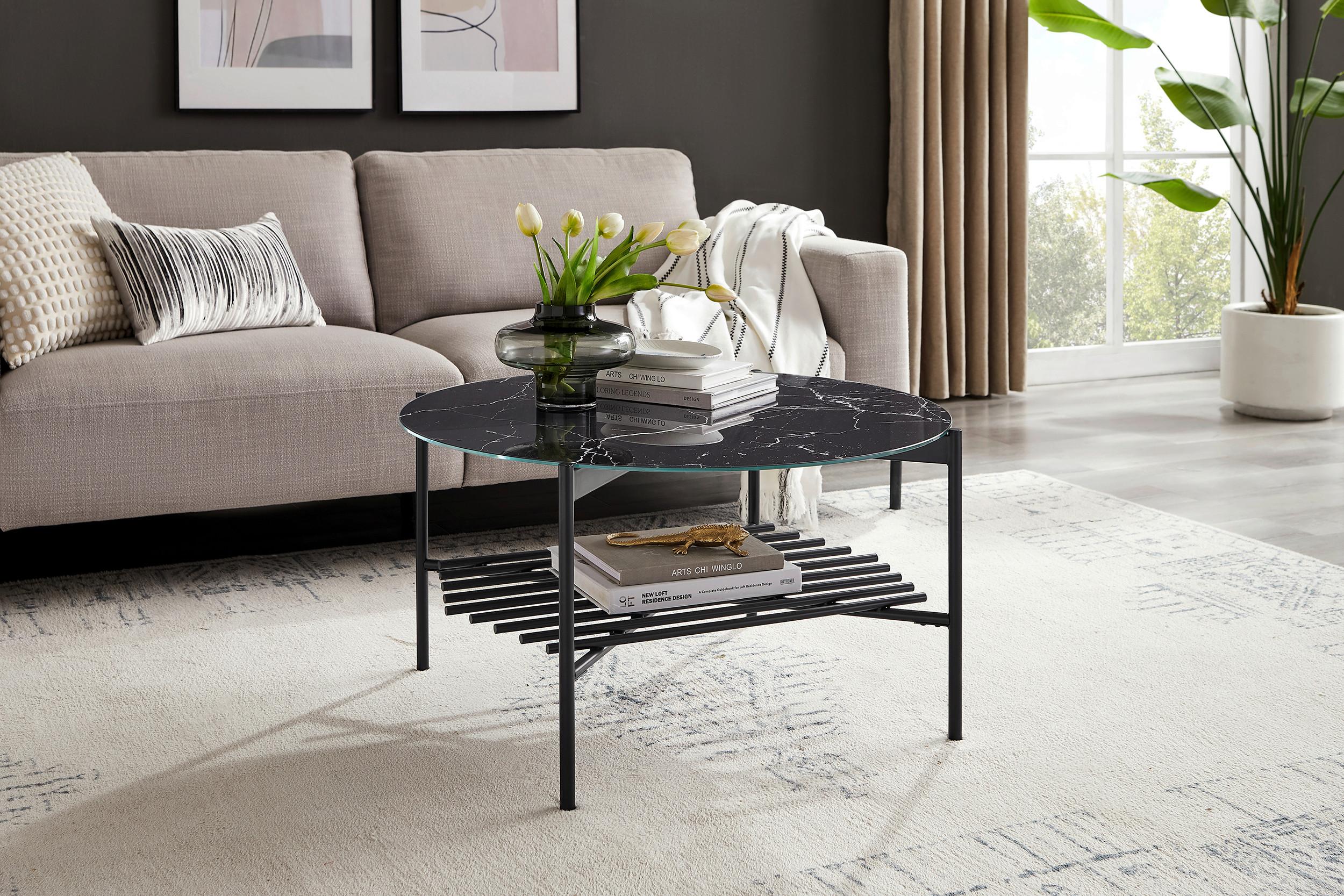 Couchtisch Schwarz/marmoroptik D: 84 Cm - Schwarz, Design, Glas/Metall (84/84/43cm) - Livetastic