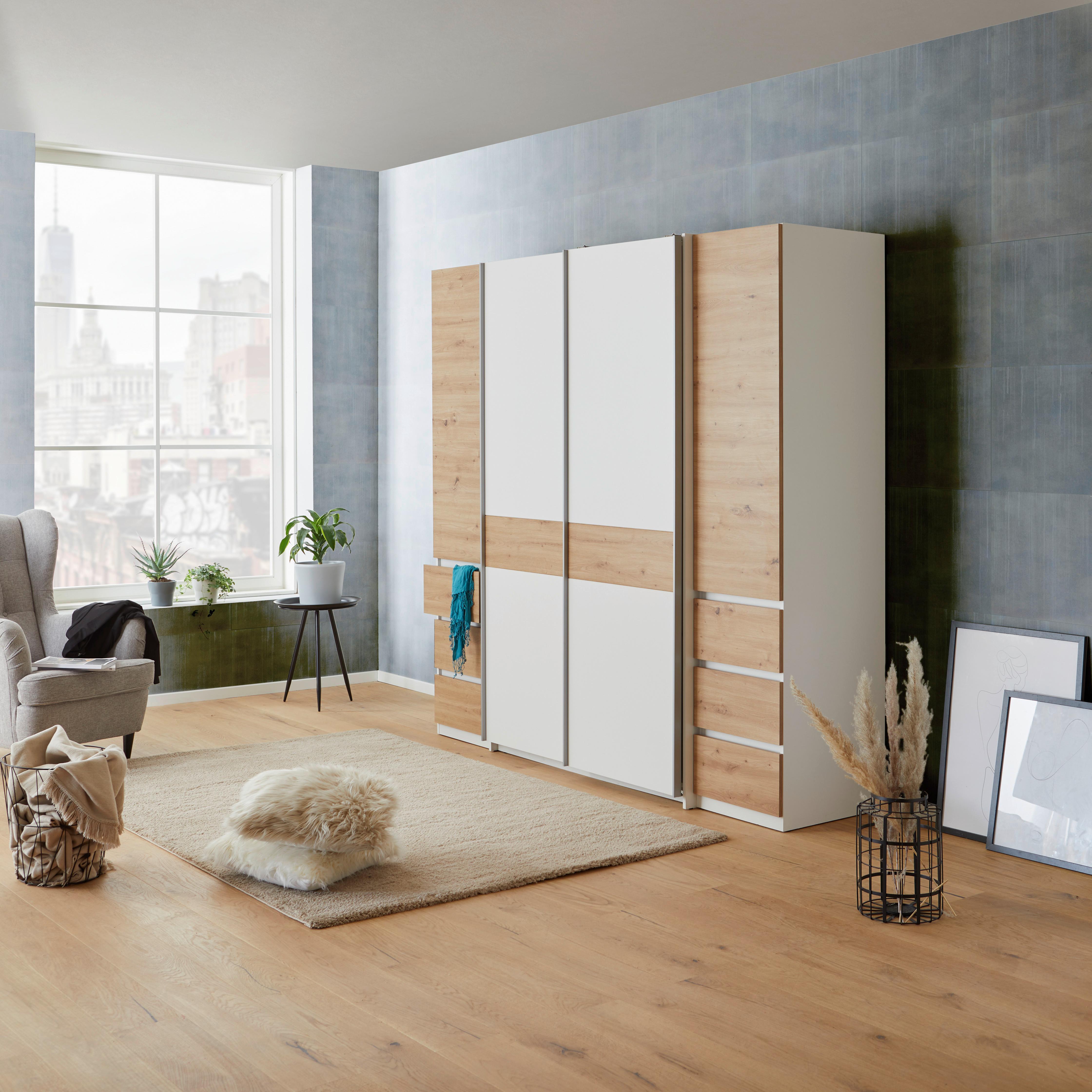 Kleiderschrank mit Schiebetüren, Schubladen und Drehtüren