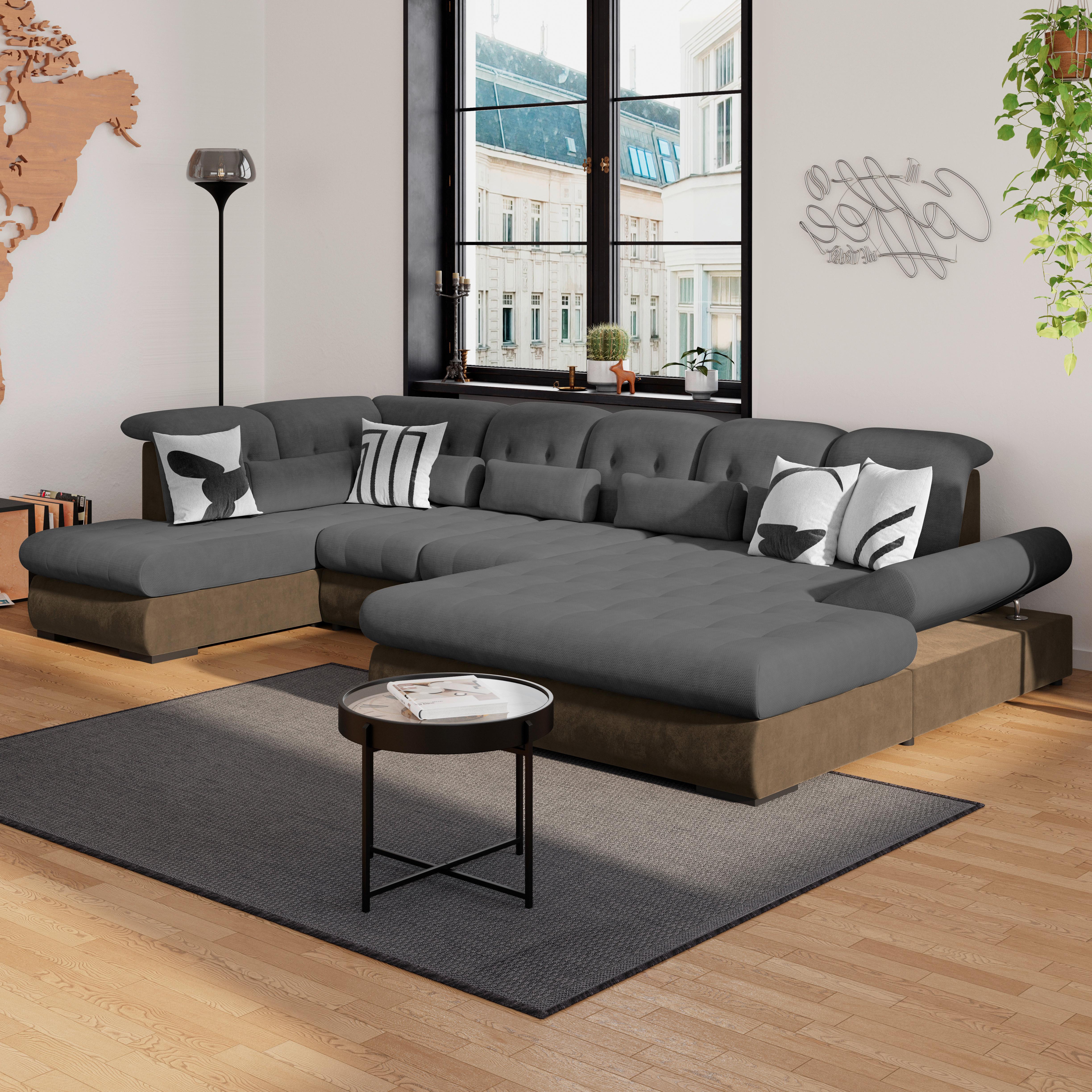Wohnlandschaft Madera Anthrazit U: 212x358x190 cm - Hellbraun/Anthrazit, KONVENTIONELL, Kunststoff/Textil (212/358/190cm)