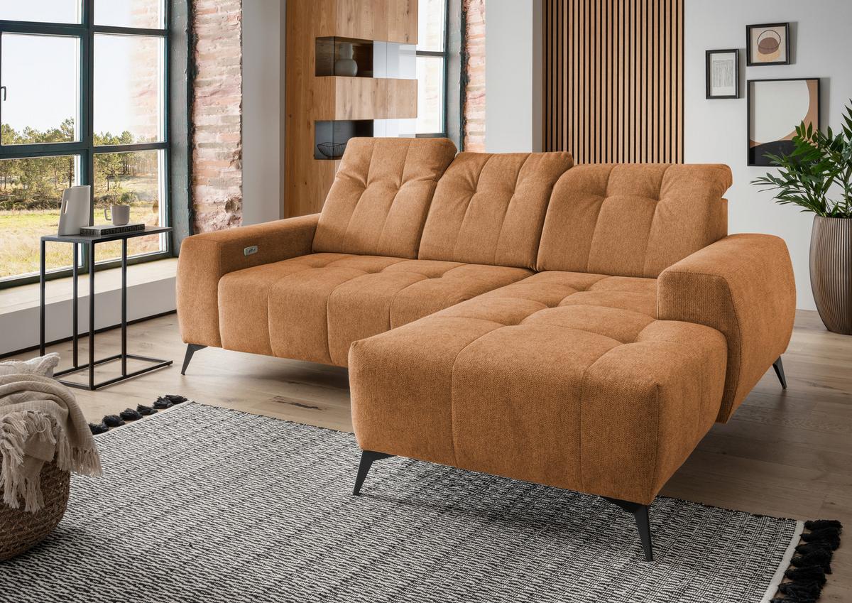 Ecksofa mit USB Anschluss Sano, Currygelb, S: 258x180 cm - Currygelb/Schwarz, MODERN, Textil (258/180cm) - Livetastic