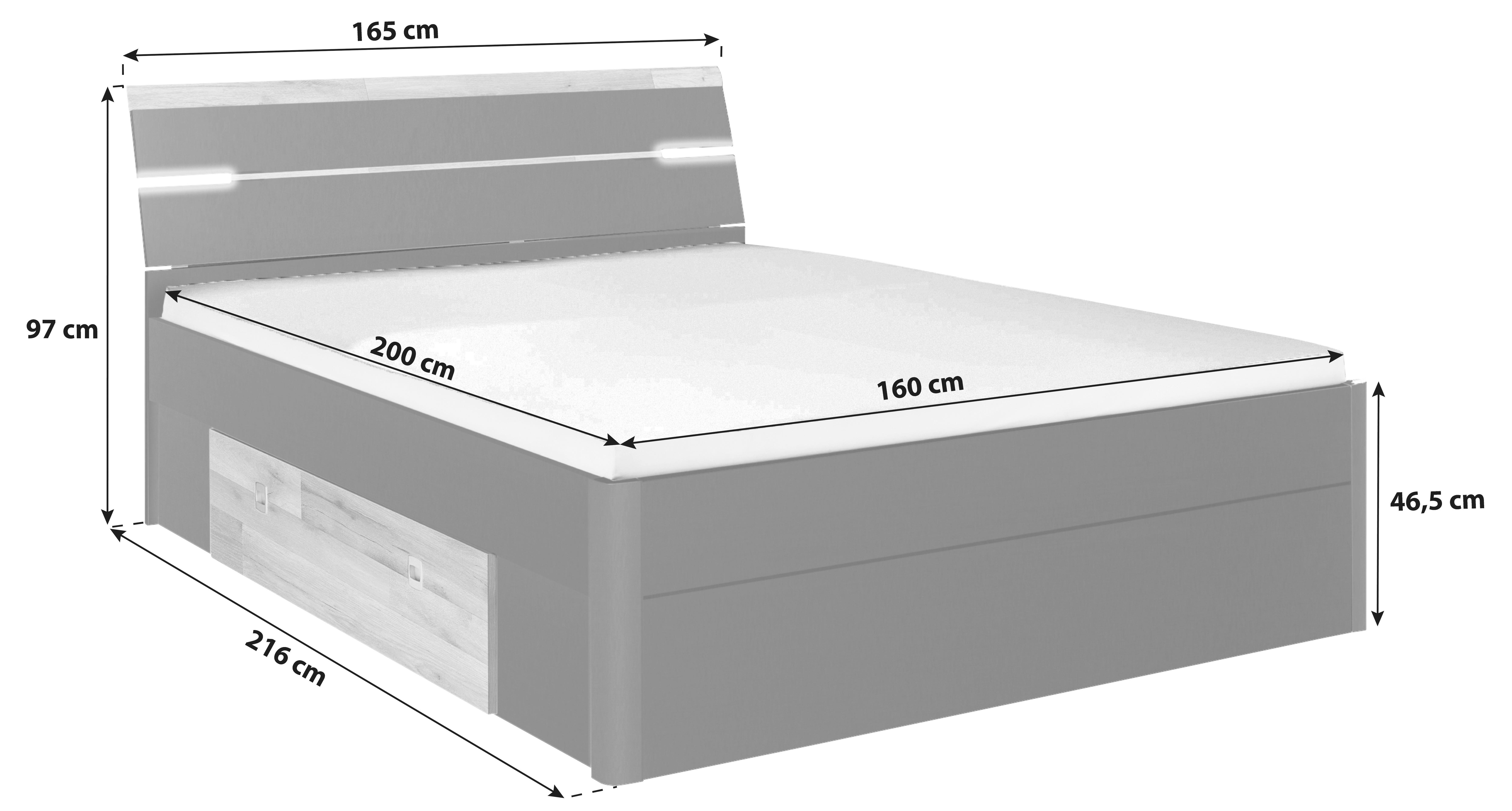 Stauraumbett Mit Beleuchtung 160x200 Cm Mars Graphit - Eichefarben/Schwarz, KONVENTIONELL, Holzwerkstoff (160/200cm) - MID.YOU