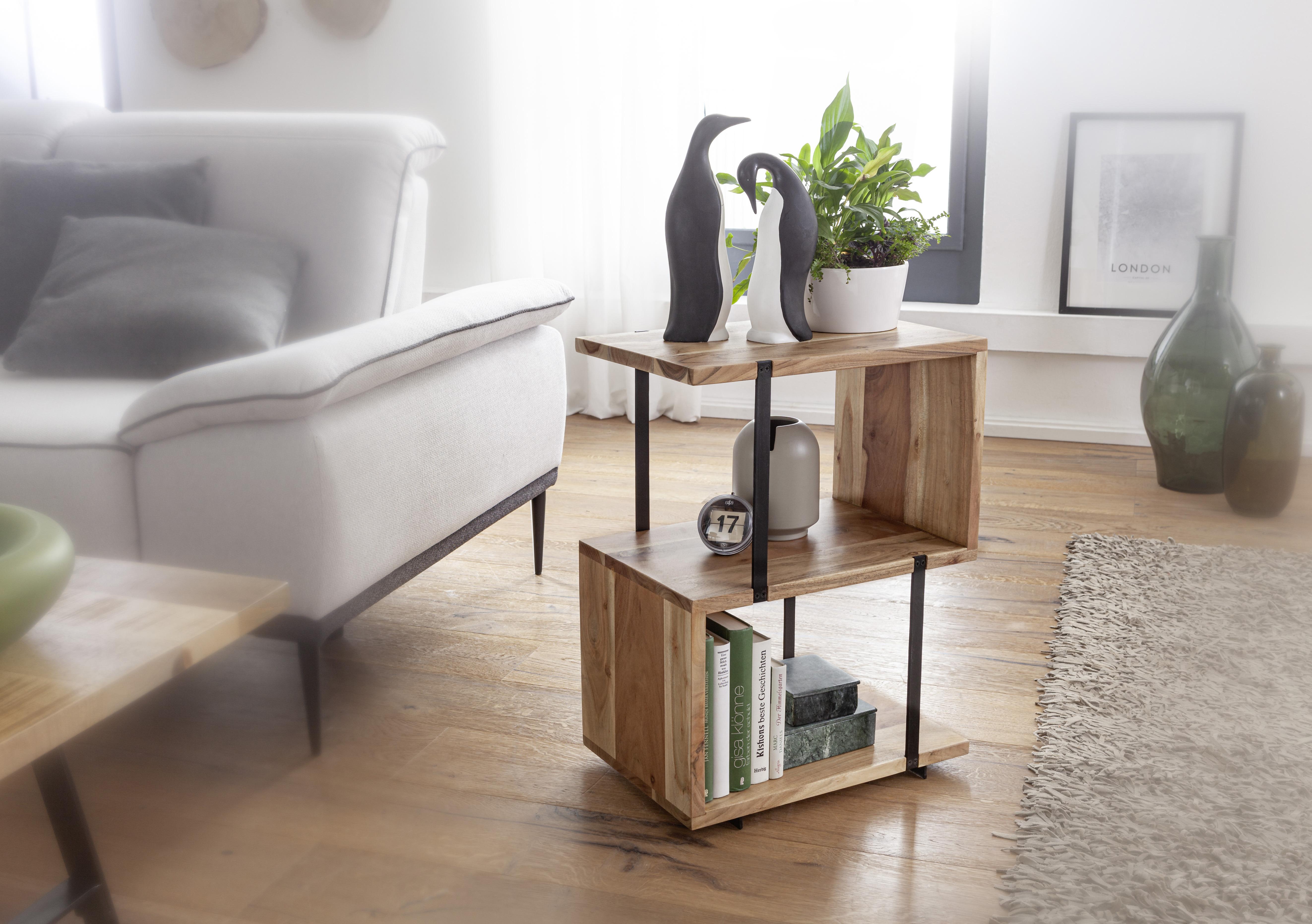 Beistelltisch Massivholz S-Form, Akazie/Schwarz - Schwarz/Akaziefarben, MODERN, Holz/Metall (45/30/60cm) - MID.YOU