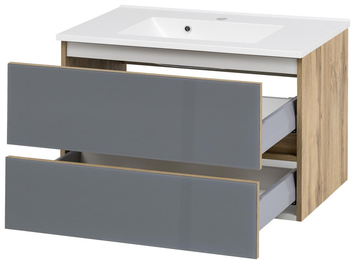 Badmöbel-Set 3-Tlg. inkl. LED Helsinki B: 80 cm, Grau/Eiche - Eichefarben/Weiß, KONVENTIONELL, Glas/Holzwerkstoff (80cm) - Held