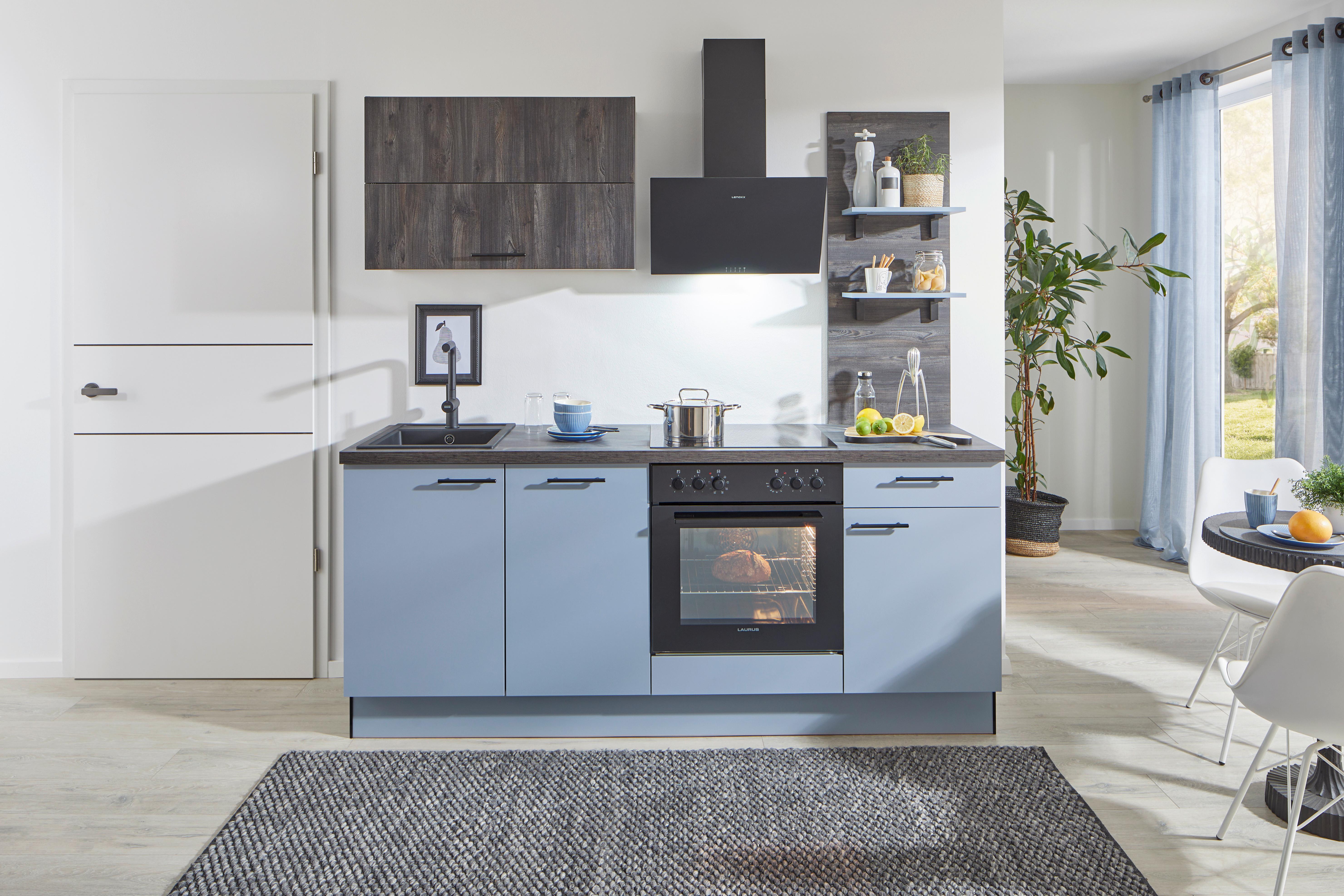 Einbauküche Pn105 / Pn 100 - Eiche dunkel/Pastellblau, Basics, Holzwerkstoff (205cm) - Pino