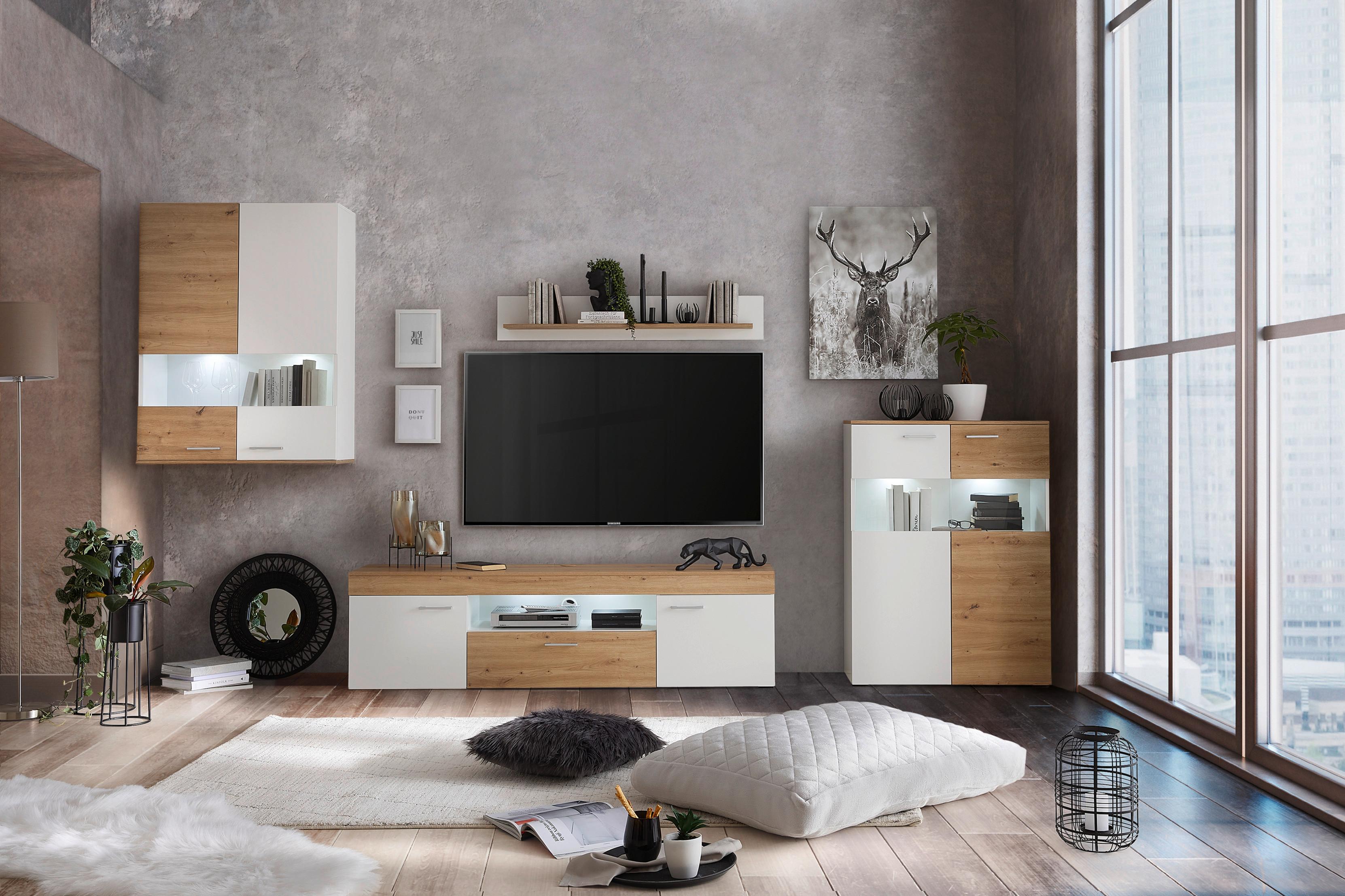 Wohnkombination 4 Tlg. Valencia - MODERN, Glas/Holzwerkstoff (350/190/40cm)