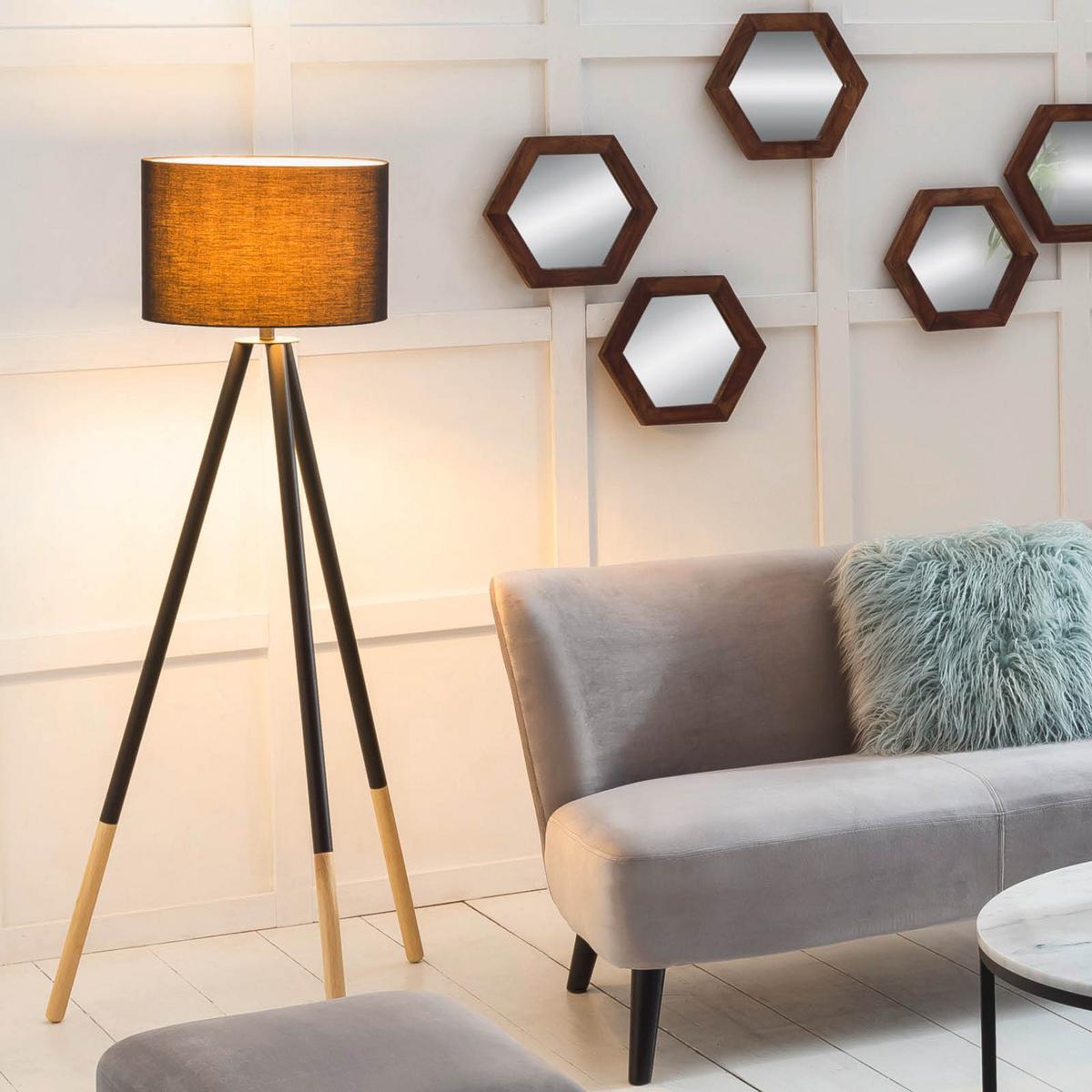 Stehlampe Holz Schwarz/Natur Langer Dreifuß mit Fußschalter - Schwarz/Naturfarben, Basics, Holz/Textil (65/154cm)