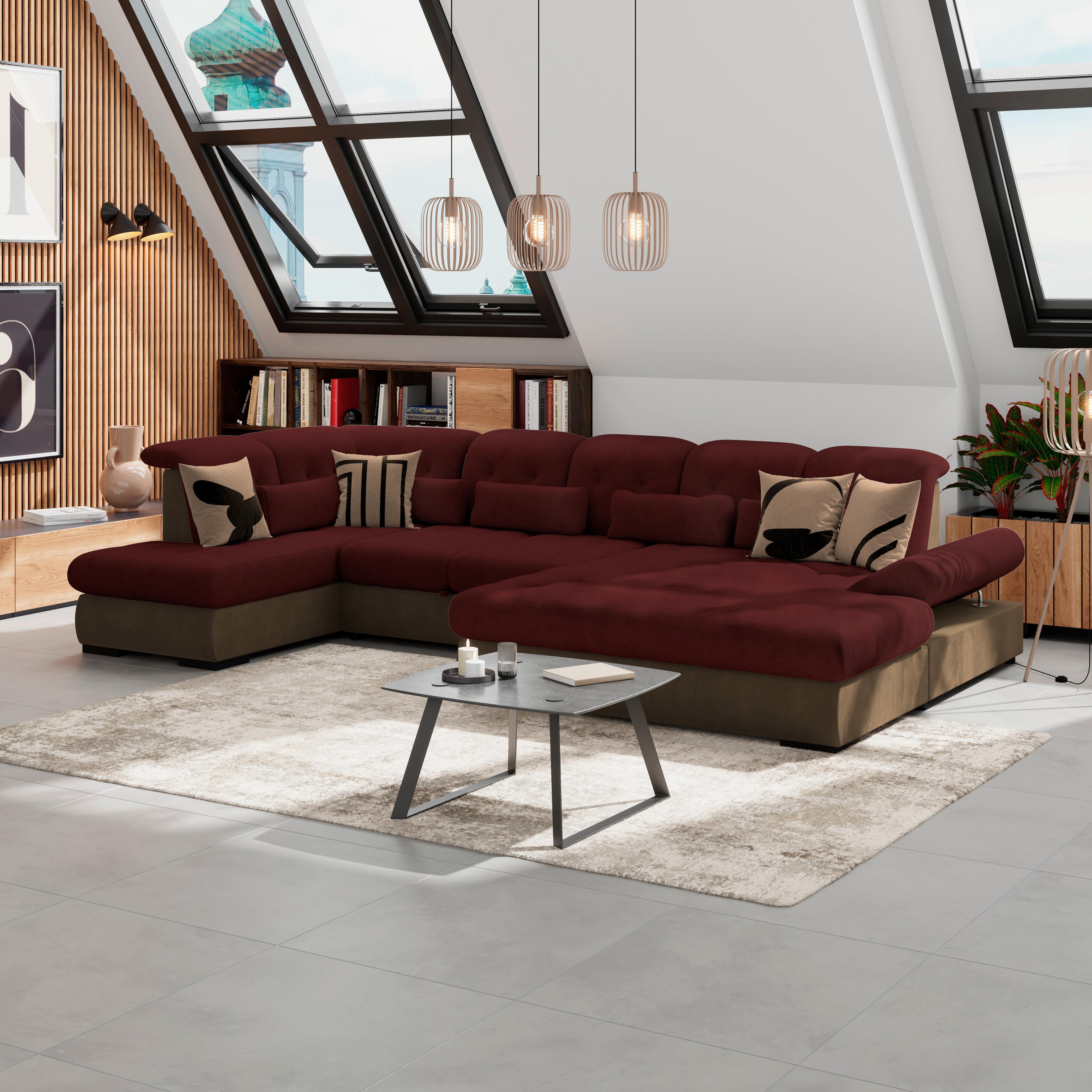 Wohnlandschaft Madera Mit Schlaffunktion Rubinrot - Hellbraun/Rot, KONVENTIONELL, Kunststoff/Textil (212/358/190cm)