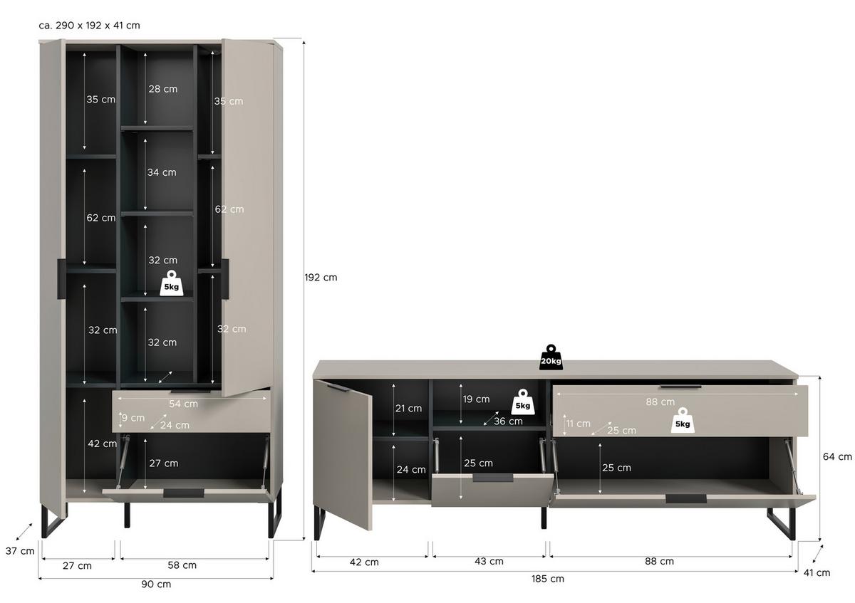 WOHNWAND Noida Kaschmirfarben B: 290cm - Kaschmir/Schwarz, Design, Holzwerkstoff (290/192/41cm) - Livetastic