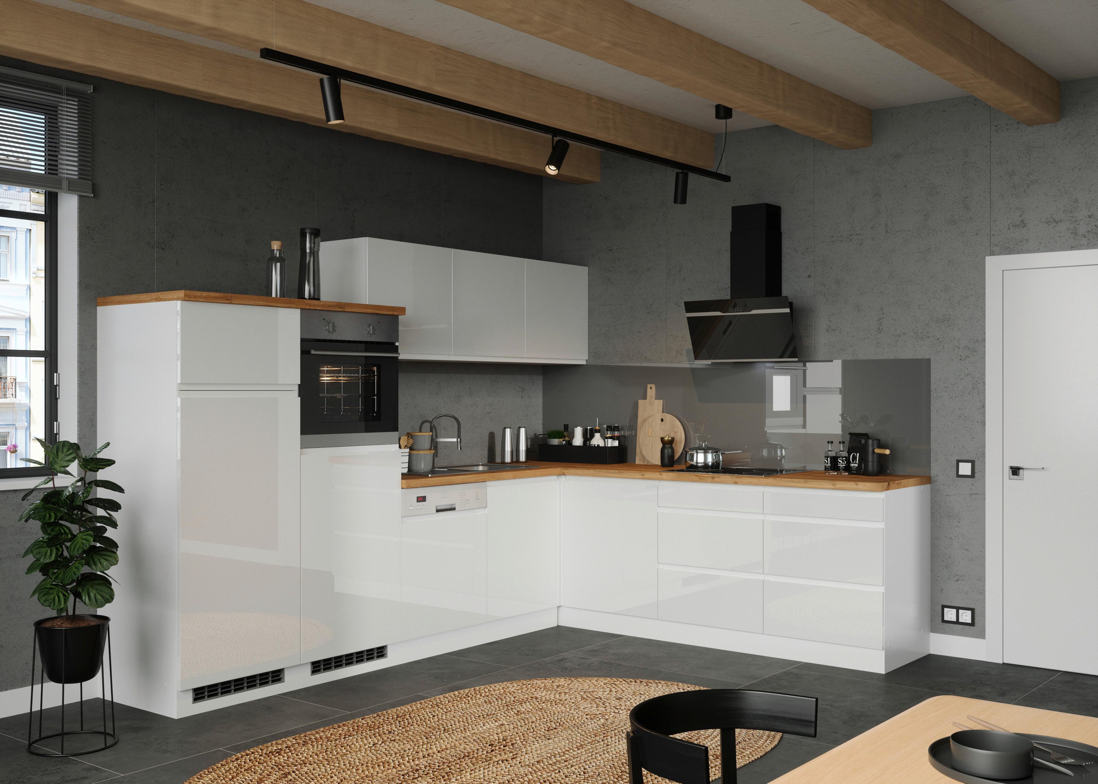 Eckküche Monza mit Geräte 300x240 cm Weiß/Eiche Dekor - Weiß Hochglanz/Eiche Wotan, LIFESTYLE, Holzwerkstoff (300/240cm) - Held