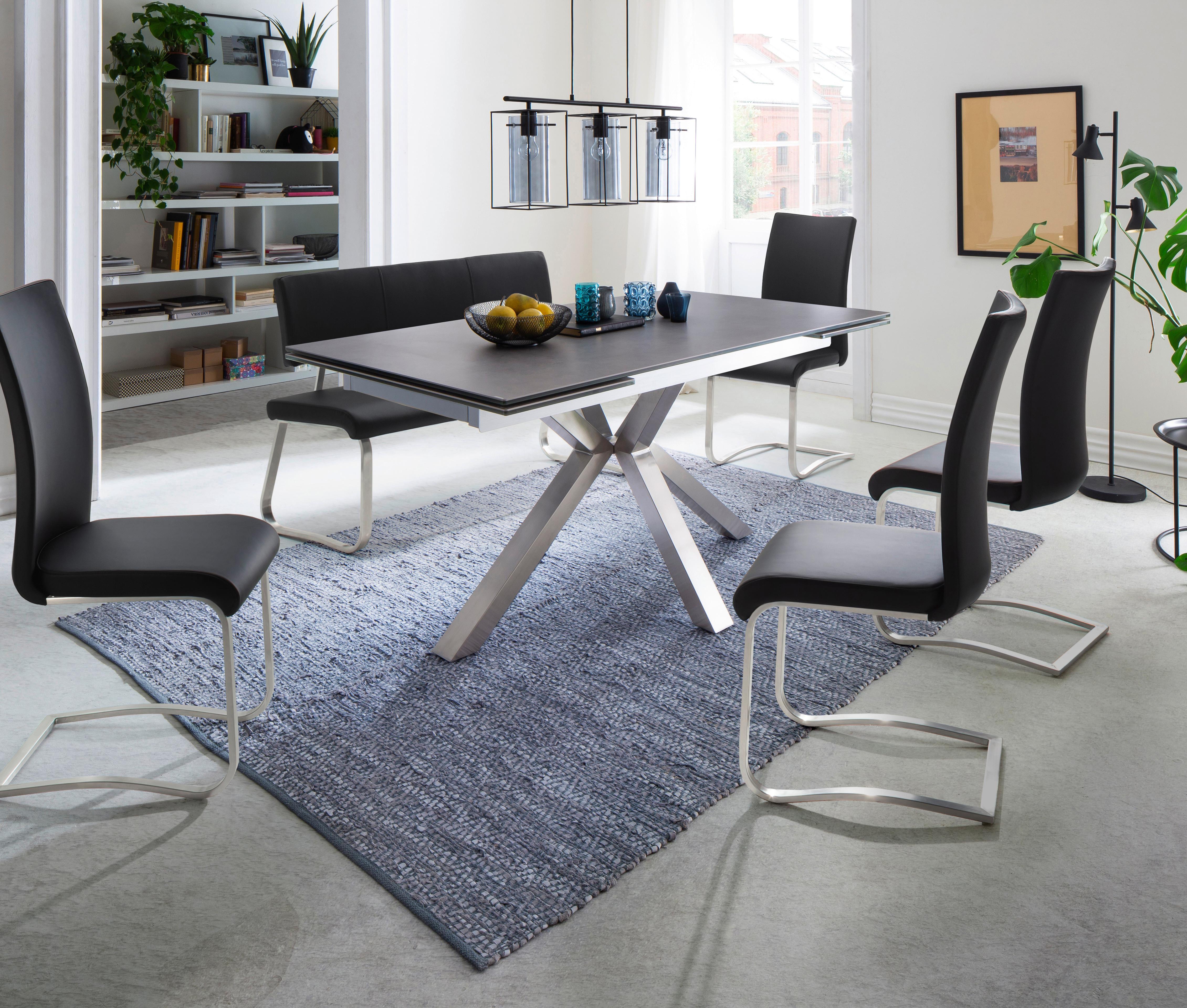 Sitzbank mit Lehne Schwarz Lederlook Arco B: 175 cm - Edelstahlfarben/Schwarz, Design, Kunststoff/Metall (175/86/59cm) - Livetastic