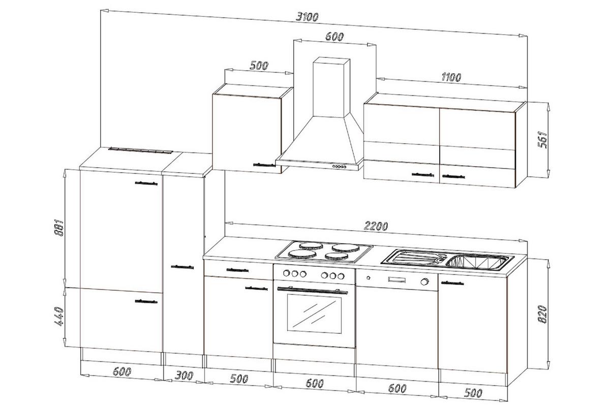 Küchenzeile ohne Geräte B: 310 cm Schwarz/Weiß/Nussbaum Dekor - Nussbaumfarben/Schwarz, Basics, Holzwerkstoff (310cm) - Respekta
