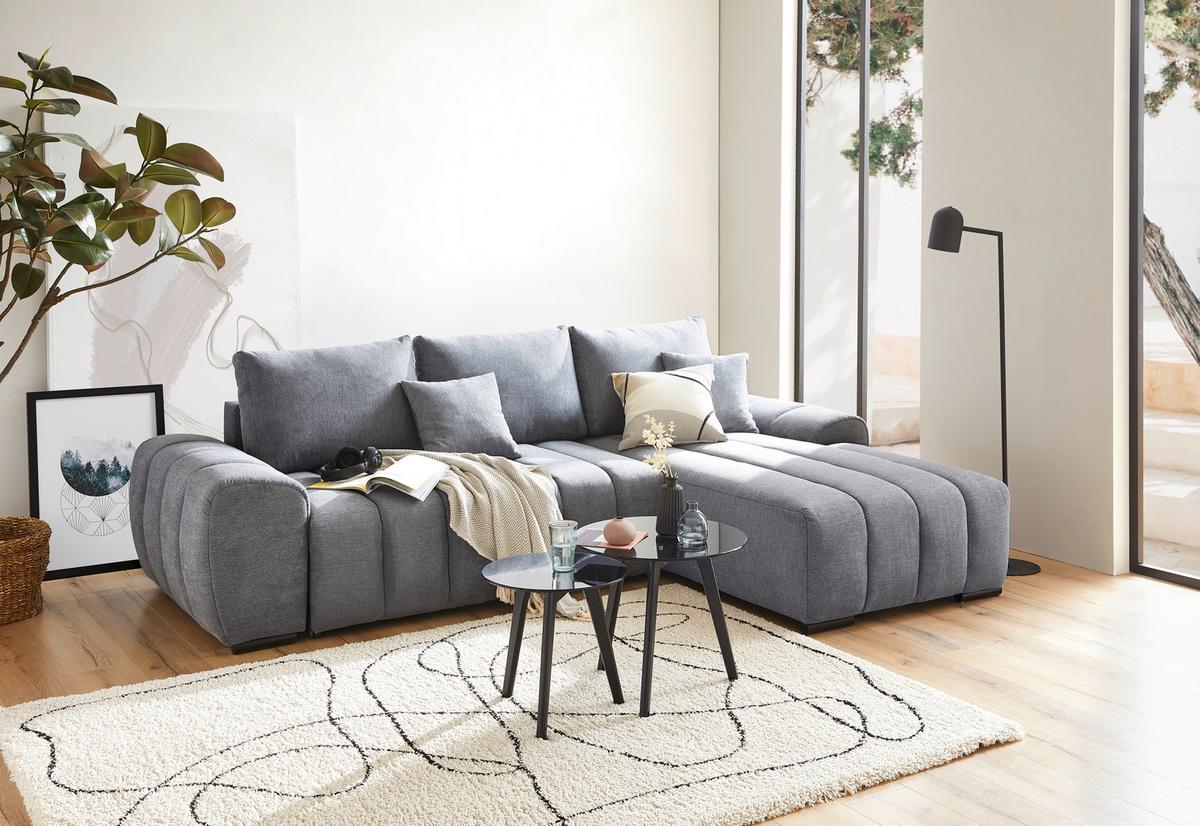 Sedačka BARCA, tmavě šedá oboustranná, s polštáři - černá/tmavě šedá, Konvenční, dřevo/textil (275/180cm)