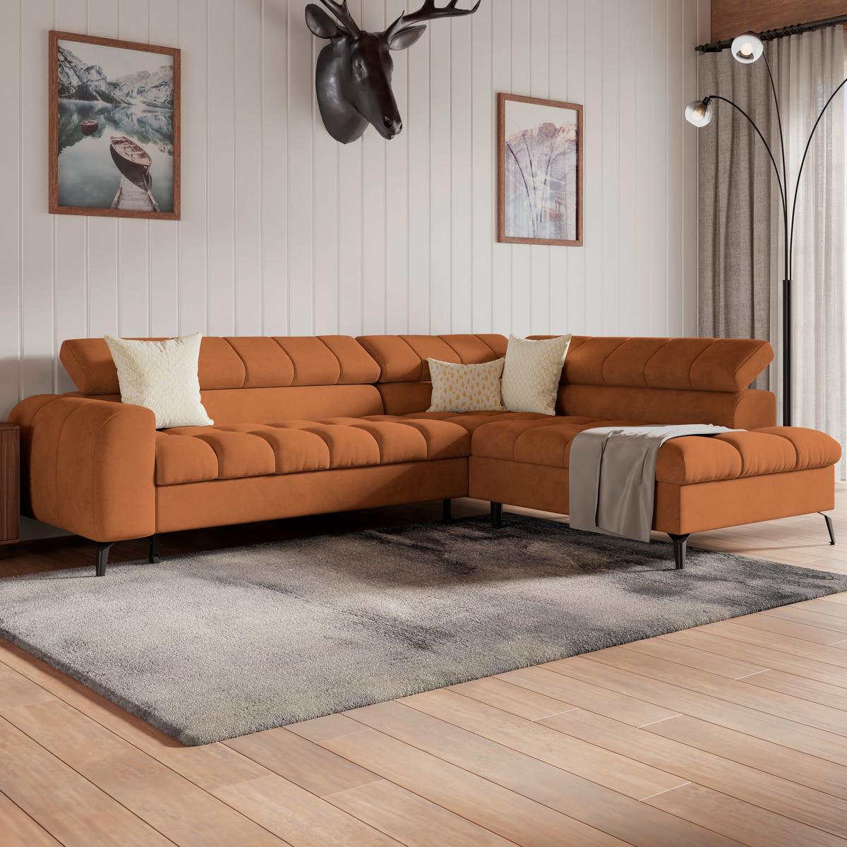 Ecksofa Volf rechts new rostfarben, S: 261x203 cm - Rostfarben/Schwarz, Trend, Kunststoff/Textil (261/203cm)