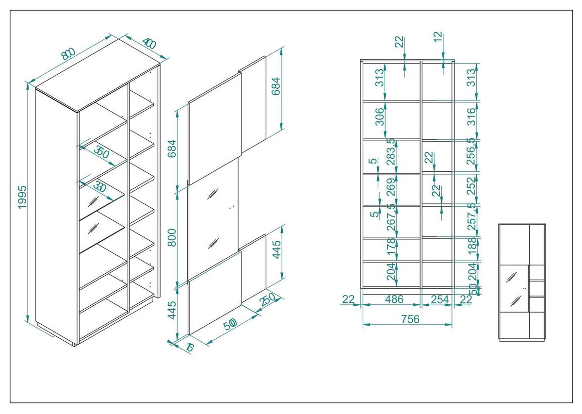 Vitrine Largo Anthrazit/Eichefarben B: 80 cm - Eichefarben/Anthrazit, Design, Glas/Holzwerkstoff (80/200/40cm) - MID.YOU