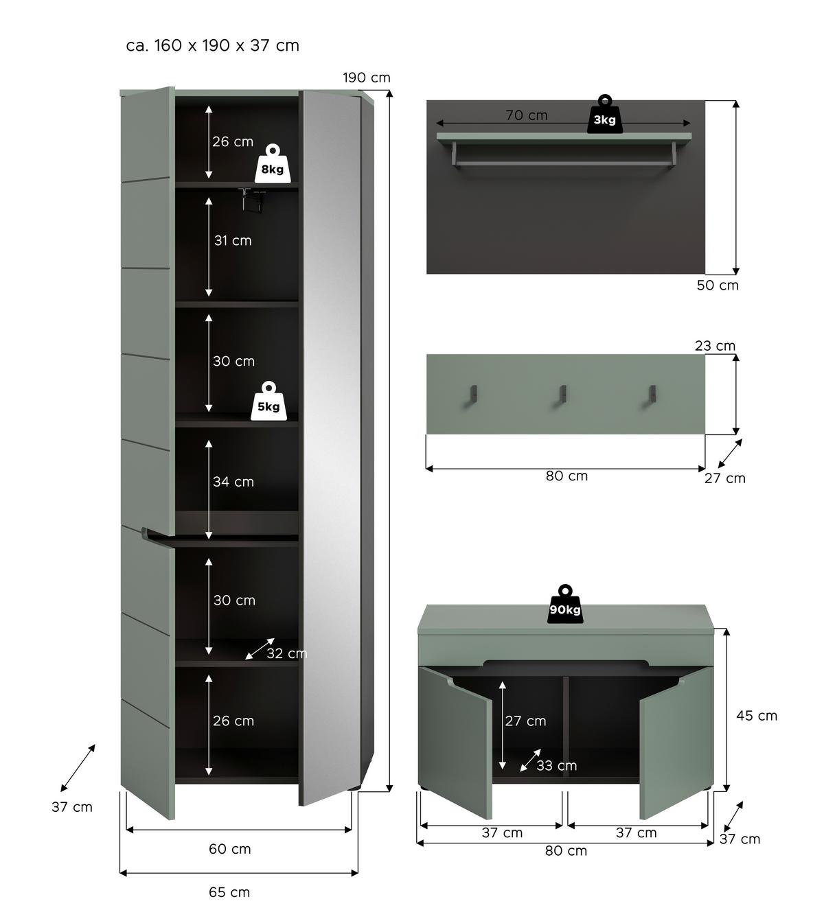 Garderobe Canu 3-teilig Grau/grün B: 160 Cm - Graugrün/Grau, Design, Holzwerkstoff (160/190/37cm) - Livetastic