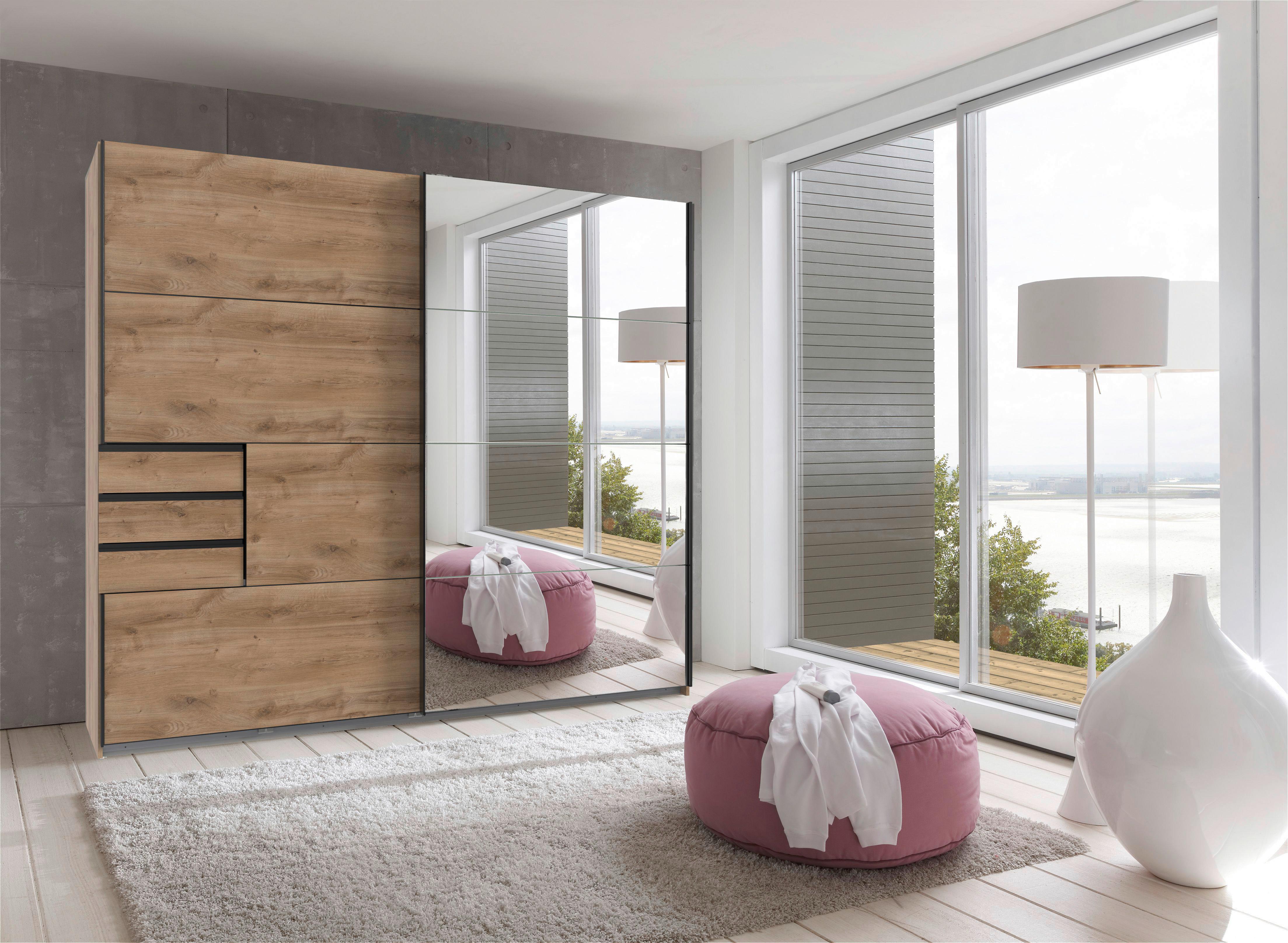 Skriňa s posuv. dverami SAIGON dosk.dub/zrkadlo, š. 225 cm - čierna/trámový dub, Konventionell, kov/kompozitné drevo (225/208/64cm) - Premium Living