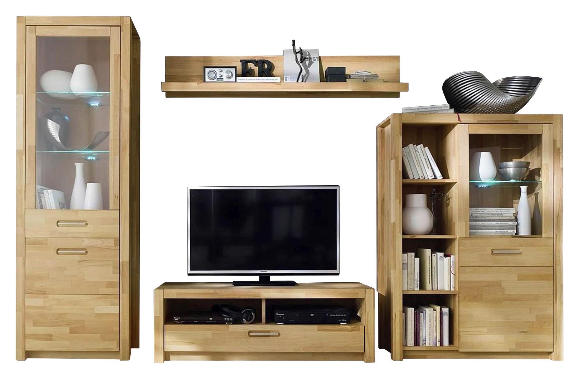 Wohnwand Buche massiv 4 -Teilig. mit LED Fenja - Buchefarben, Design, Glas/Holz (309/203/46cm) - MID.YOU