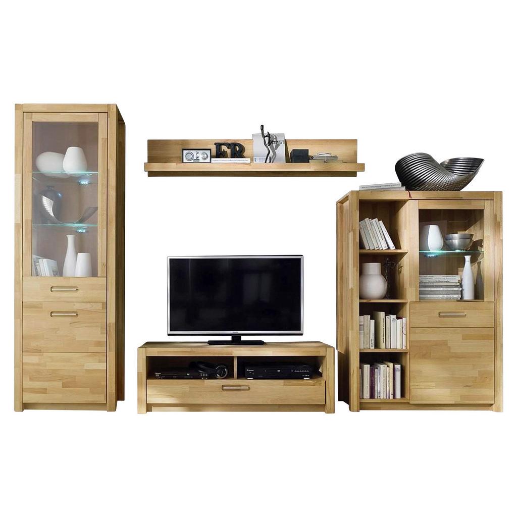 Wohnwand Buche massiv 4 tlg. mit LED Fenja