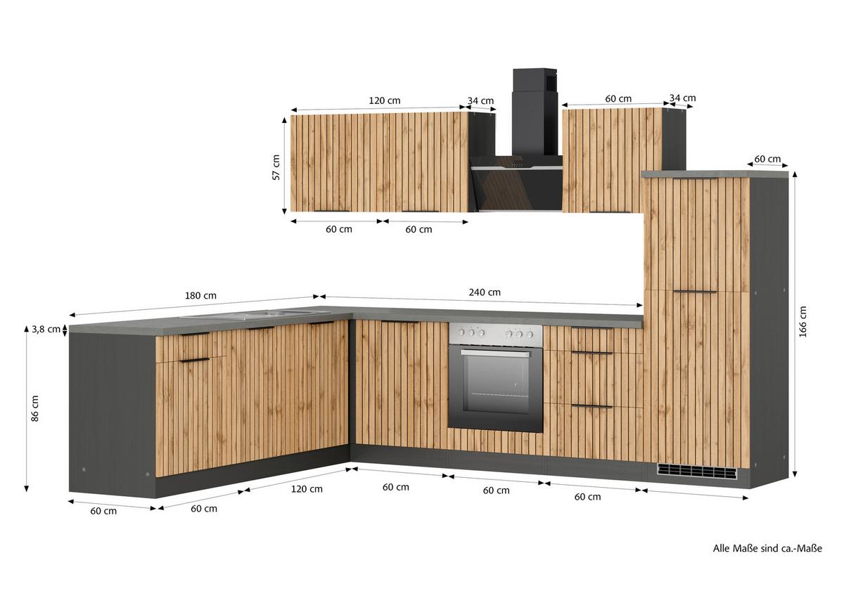Eckküche Liverpool Graphit/ Eiche Dekor S: 300x240 Cm - Schieferfarben/Eiche Wotan, Basics, Holzwerkstoff (300/240cm) - Held