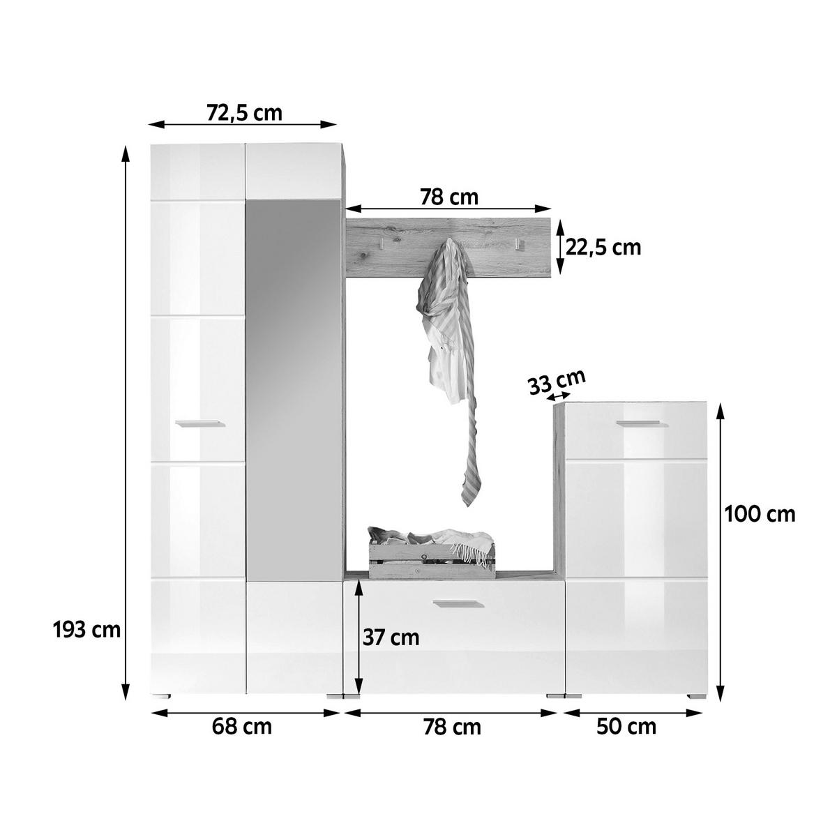Garderoben-set Sixx Weiß Mit Spiegel - Eichefarben/Weiß, Design, Glas/Holzwerkstoff (195/195/36cm) - MID.YOU