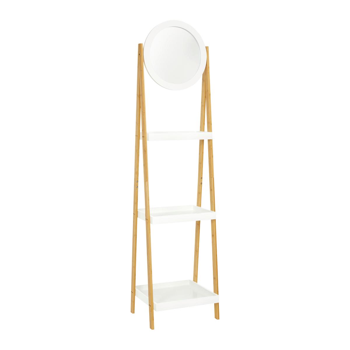 Regál se zrcadlem Mirela - bambus - bílá/přírodní barvy, Moderní, kompozitní dřevo/přírodní materiály (43/172/40cm) - Bessagi Home