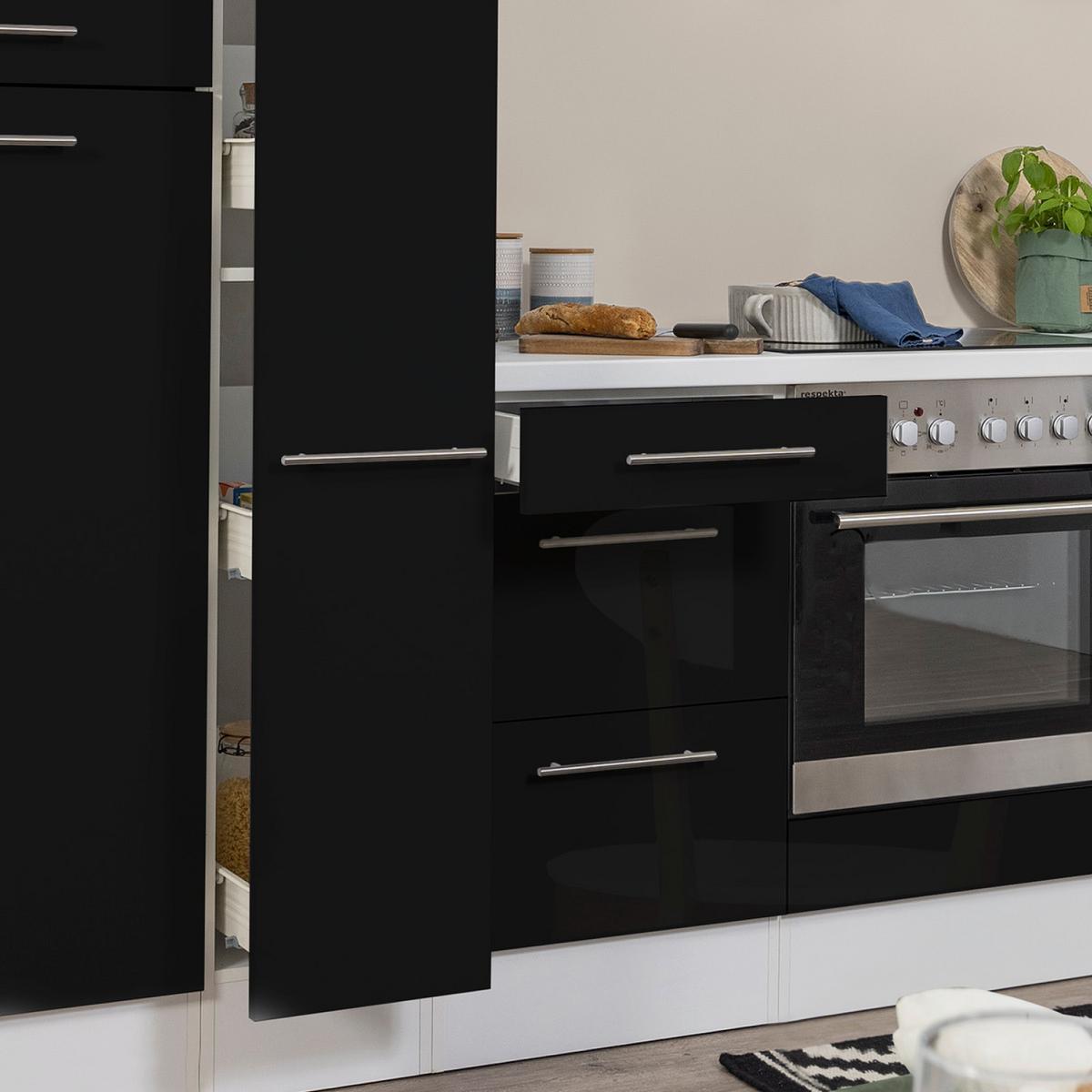 Küchenzeile mit Geräten 310 cm Schwarz Hochglanz/Weiß - Schwarz/Weiß, KONVENTIONELL, Holzwerkstoff (310cm) - Respekta