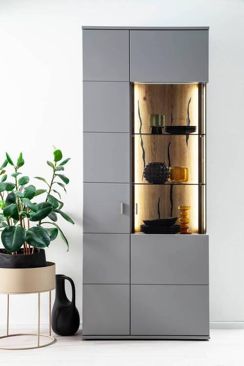 Vitrine Sevilla B: 80 Cm Teilmassiv Grau/eichefarben - Eichefarben/Schwarz, Design, Glas/Holzwerkstoff (80/207/38cm) - MID.YOU