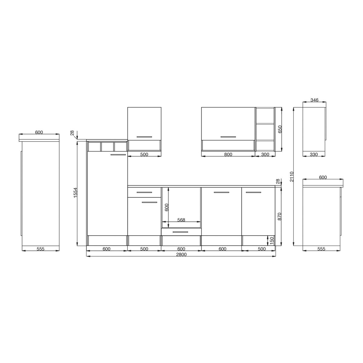 Küchenzeile ohne Geräte B: 280 cm Weiß/Wildeiche Dekor - Wildeiche/Weiß, Basics, Holzwerkstoff (280/205/60cm) - Respekta