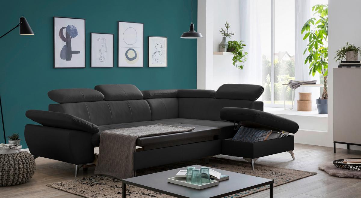 Ecksofa Mit Schlaffunktion Und Bettkasten Gisele Schwarz - Chromfarben/Schwarz, KONVENTIONELL, Textil (256/209cm) - Livetastic