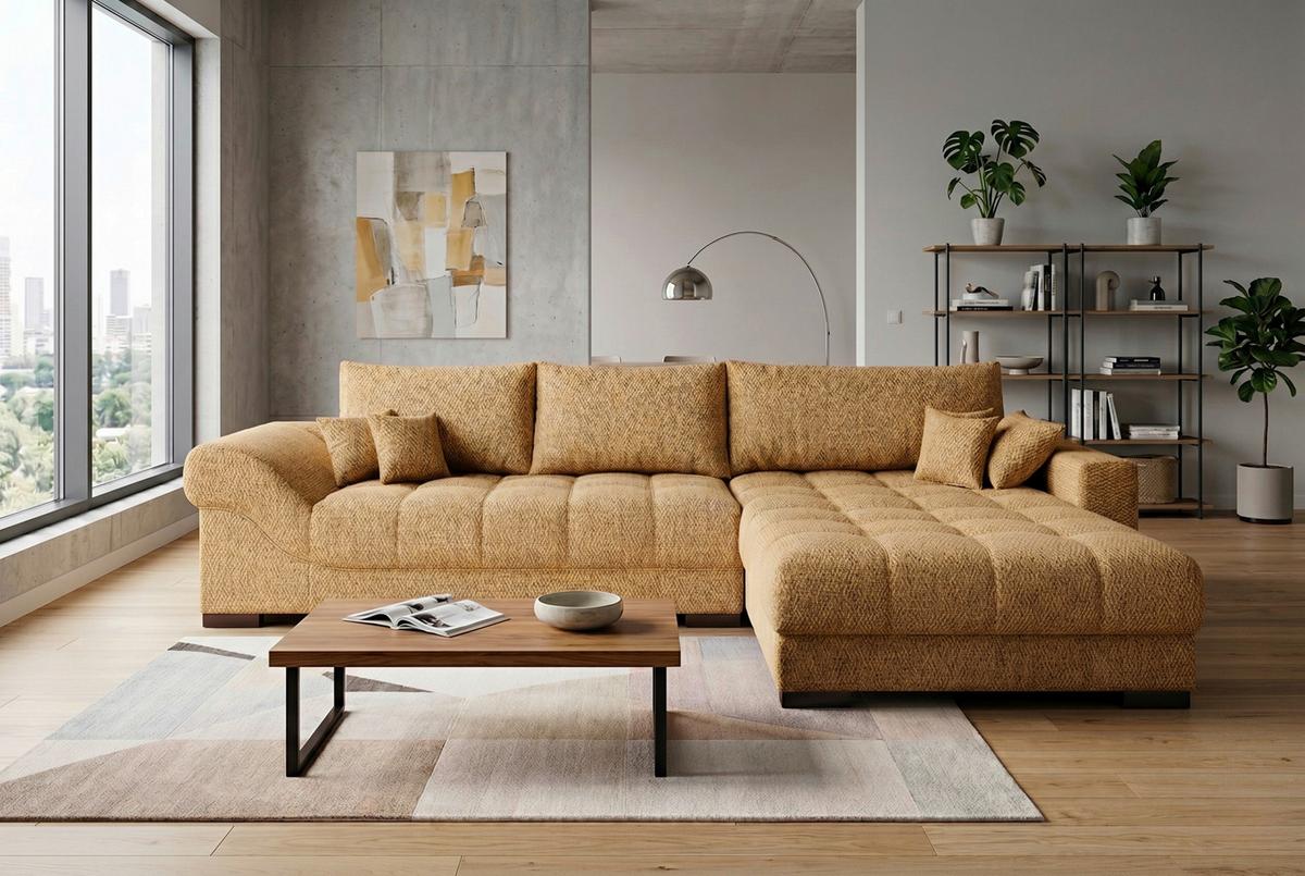 Boxspringecksofa Emil Webstoff senfgelb, S:343x217cm - Senfgelb/Schwarz, ROMANTIK / LANDHAUS, Holzwerkstoff/Textil (343/217cm)