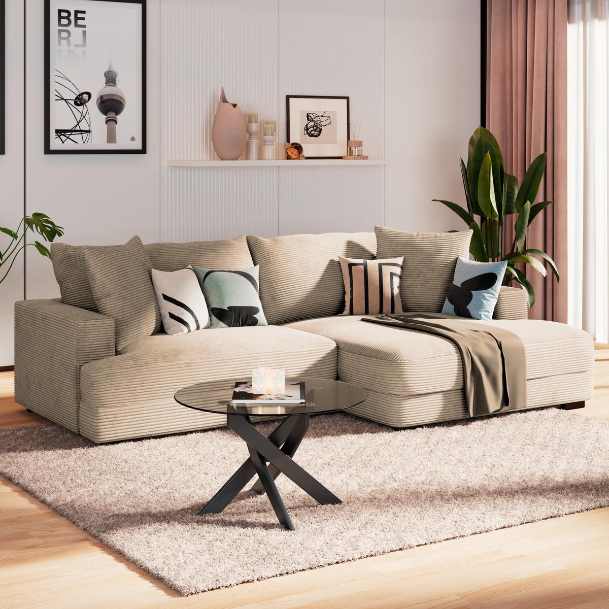 Ecksofa Pelle m. Kissen creme Cord 265x180cm - Creme/Schwarz, MODERN, Textil (265/180cm)