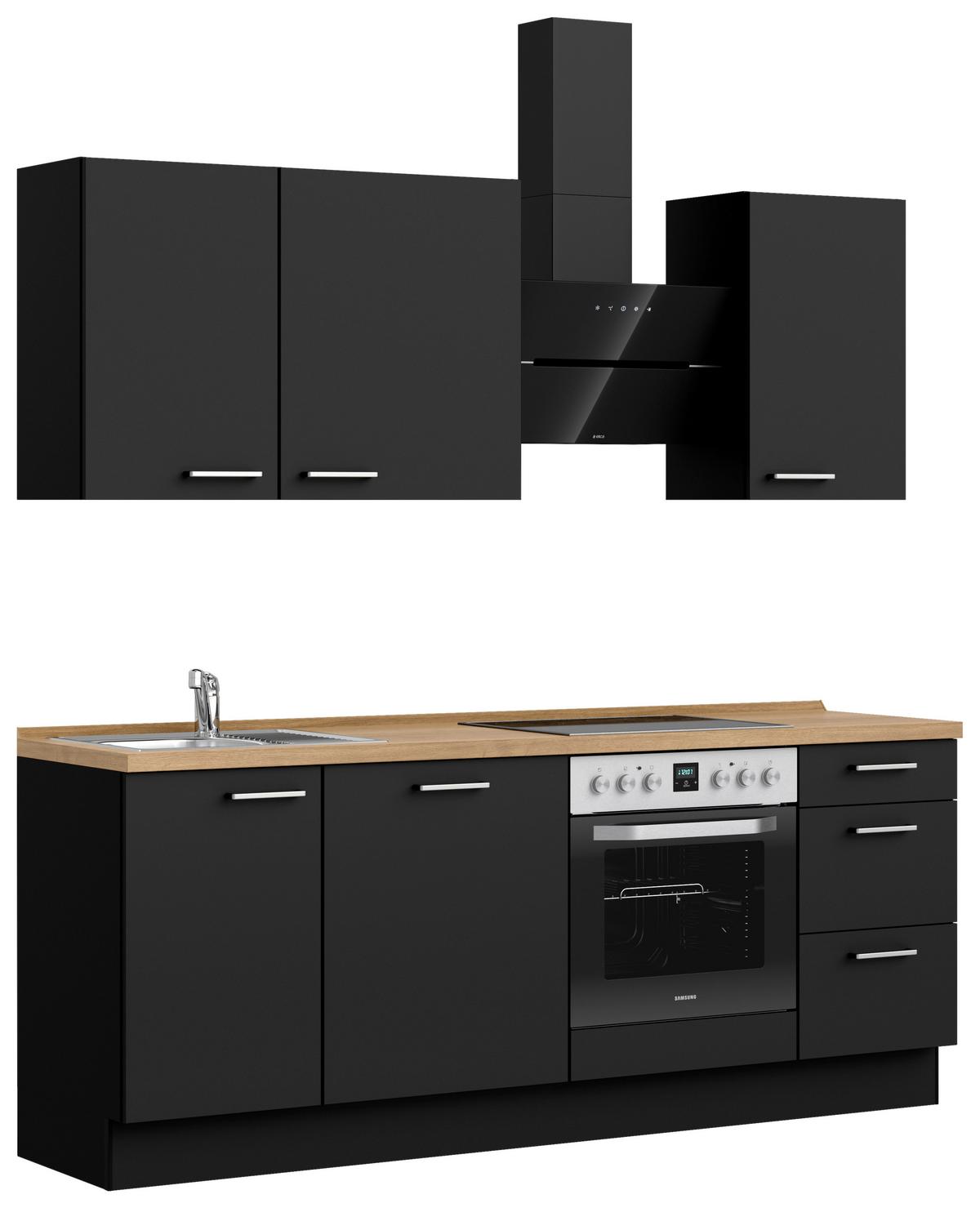 Kuchyňská linka 210 cm, černá matná/ barva dub - černá/barvy dubu, Moderní, kov/kompozitní dřevo (210cm) - Nobilia