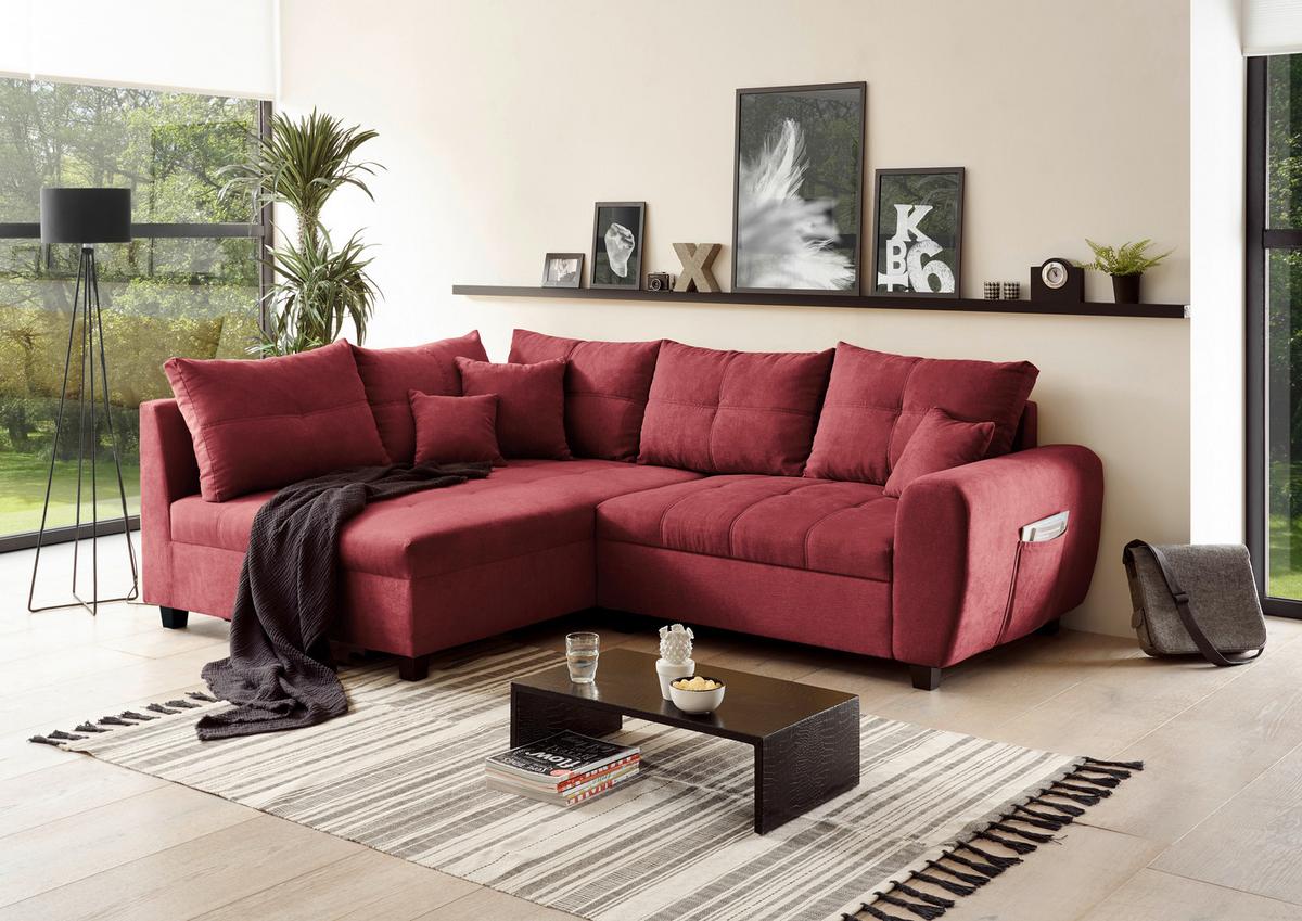 Ecksofa mit Schlaffunktion + Kissen Lea, Polyester-Nylon - Beere/Schwarz, Basics, Holzwerkstoff/Textil (176/248cm) - MID.YOU