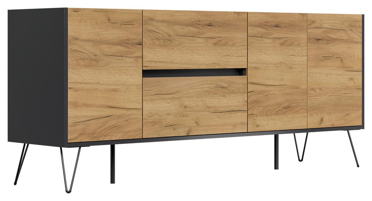 Sideboard Posseik Industrial Graphitfarben/Eiche B: 177 cm - Eichefarben/Schwarz, Design, Holzwerkstoff (177/75,8/42cm) - MID.YOU