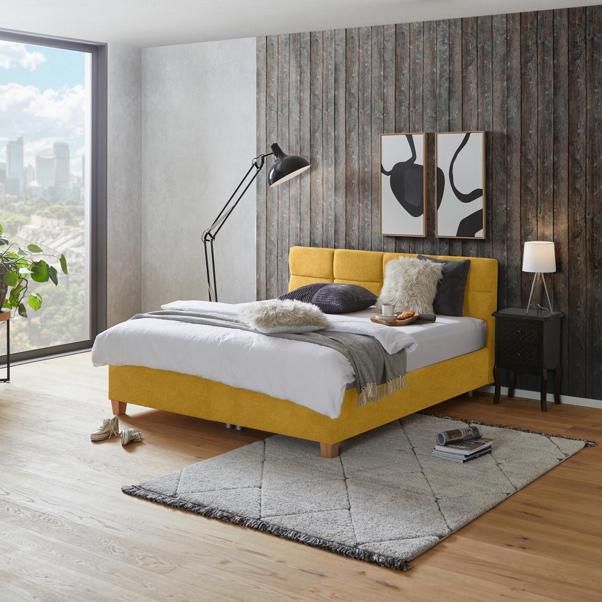 Polsterbett mit Bettkasten 160x200 Bellagio Gelb - Gelb/Buchefarben, KONVENTIONELL, Holz/Textil (160/200cm)