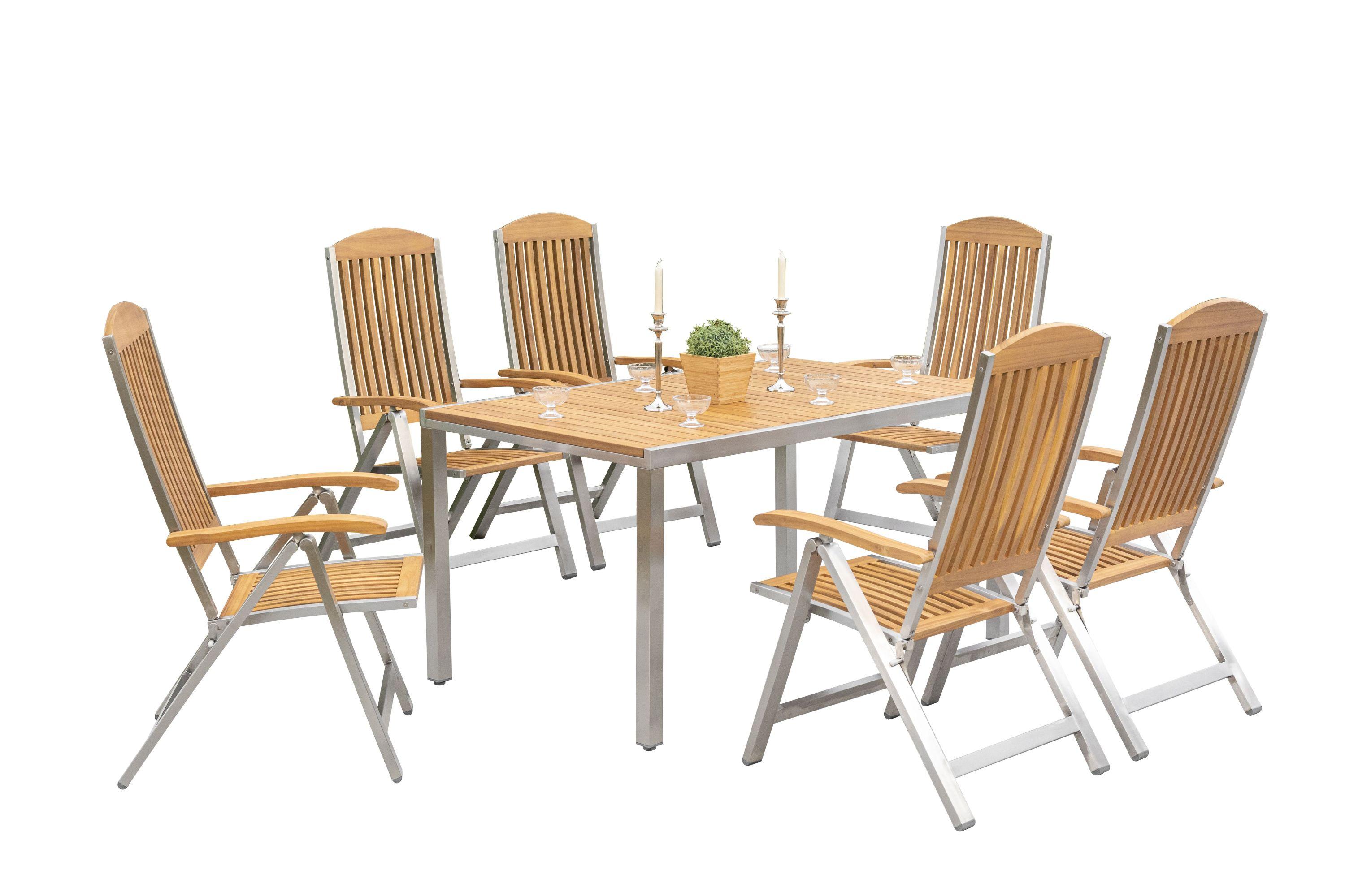 Gartengarnitur 7-Tlg. Keros Echtholz/Metall - Silberfarben/Akaziefarben, KONVENTIONELL, Holz/Metall - Gardenson