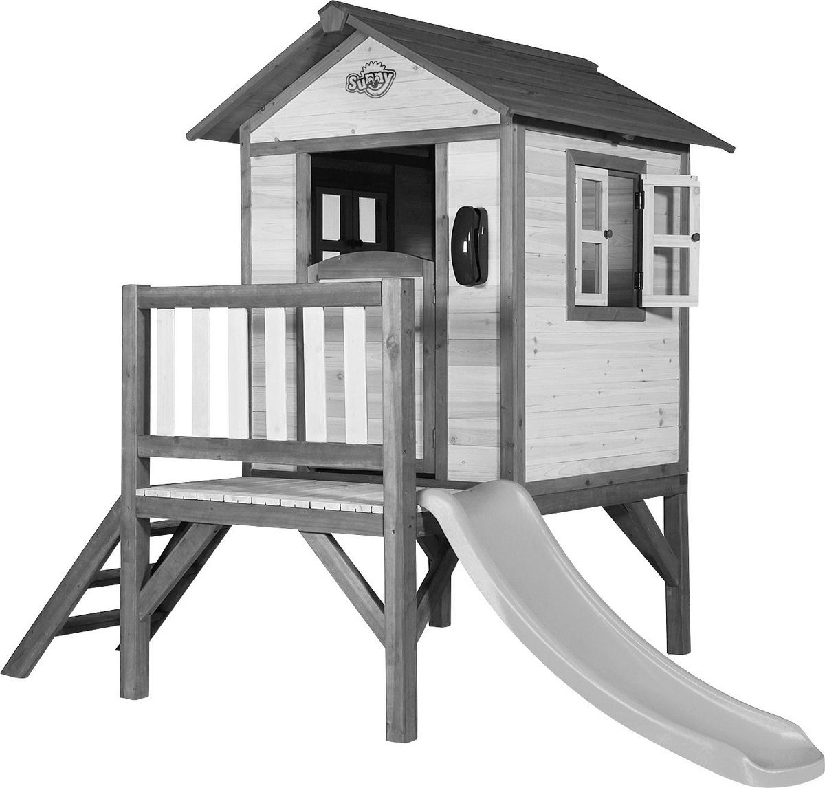 Stelzenspielhaus Holz mit Rutsche weiß/ grau Sunny Lodge - Schwarz/Weiß, Holz (260/190/167cm)