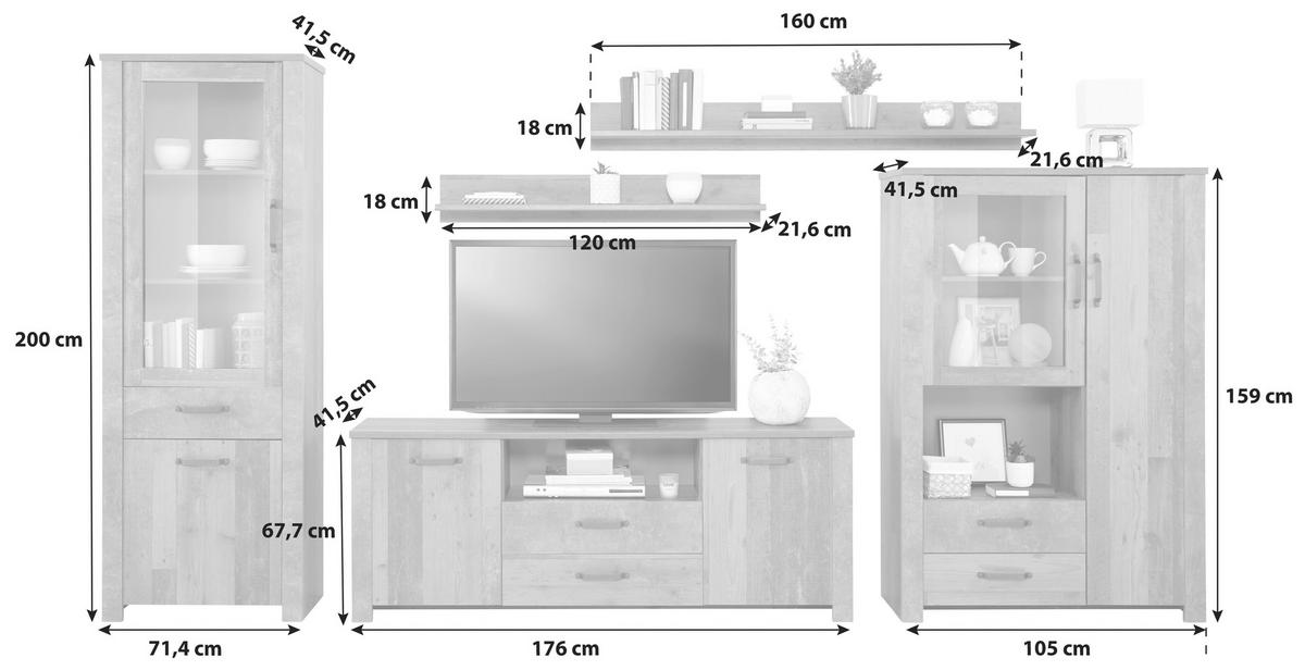 Wohnkombination 5 -teilig. Ontario, Old Style/betonoptik - Eichefarben/Dunkelgrau, Trend, Glas/Holzwerkstoff (352,4/200/41,5cm) - Ondega