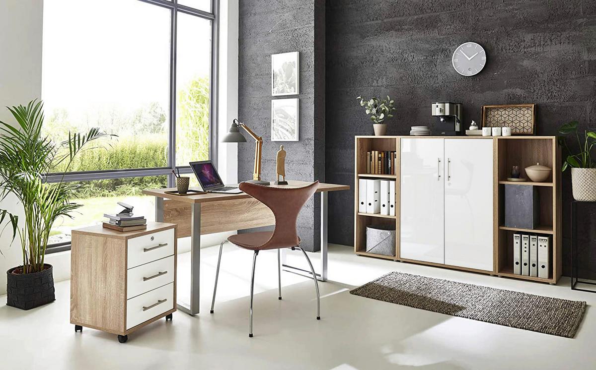 Büro Office Edition Eiche Dekor/weiß Hochglanz - Weiß Hochglanz/Sonoma Eiche, MODERN, Holzwerkstoff/Metall - MID.YOU