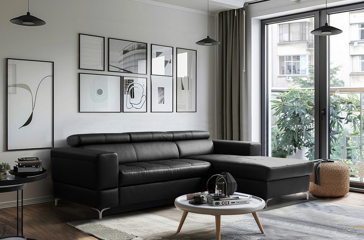 Ecksofa Torino Teilleder Schwarz 247x173 - Schwarz, Design, Leder/Textil (247/173cm) - Livetastic