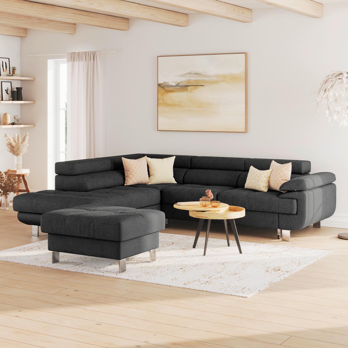 Ecksofa mit Schlaffunktion + Bettkasten Savona, Webstoff - Blaugrau/Graphitfarben, MODERN, Textil (230/270cm) - Ondega
