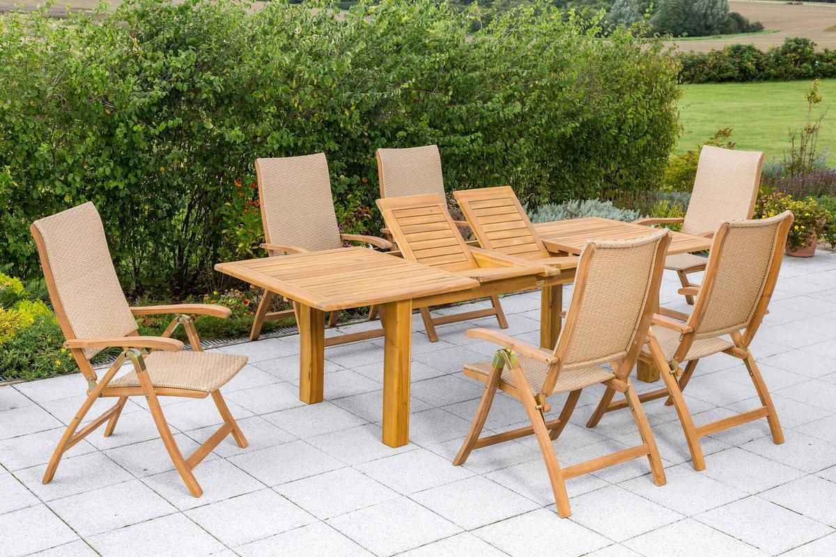 Gartentischgruppe Capri 7--Teilig. Aus Akazie - Naturfarben, KONVENTIONELL, Holz/Kunststoff - Gardenson
