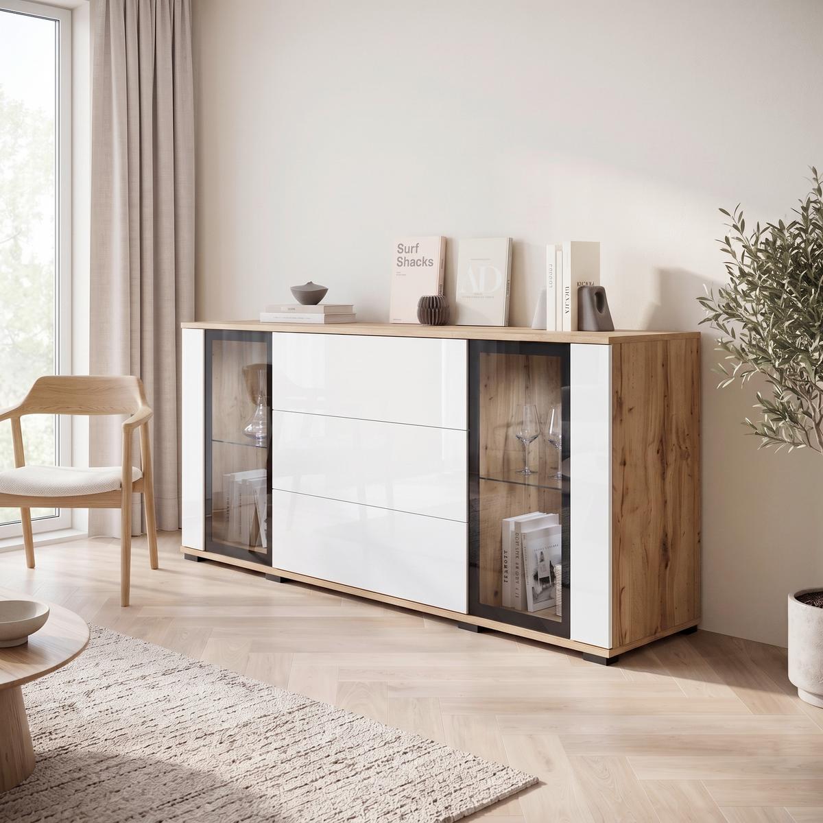 ŠIROKÁ KOMODA CARO 150 - čierna/biela s vysokým leskom, Design, kompozitné drevo/plast (150/69,7/39,5cm) - Livetastic
