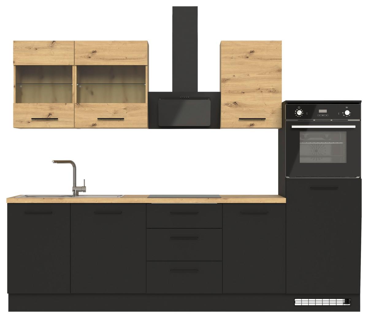 Küchenblock Capri Schwarz/Eiche Dekor B: 280 cm - Schwarz/Eiche Artisan, Basics, Glas/Holzwerkstoff (280cm) - MID.YOU