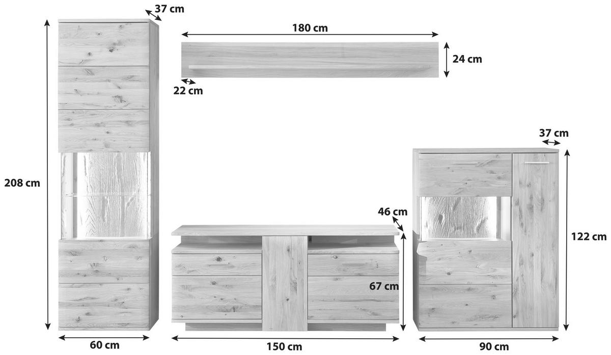 Wohnwand Santori Eiche teilmassiv - Eichefarben/Schwarz, Design, Glas/Holz (320/208/45cm) - Livetastic
