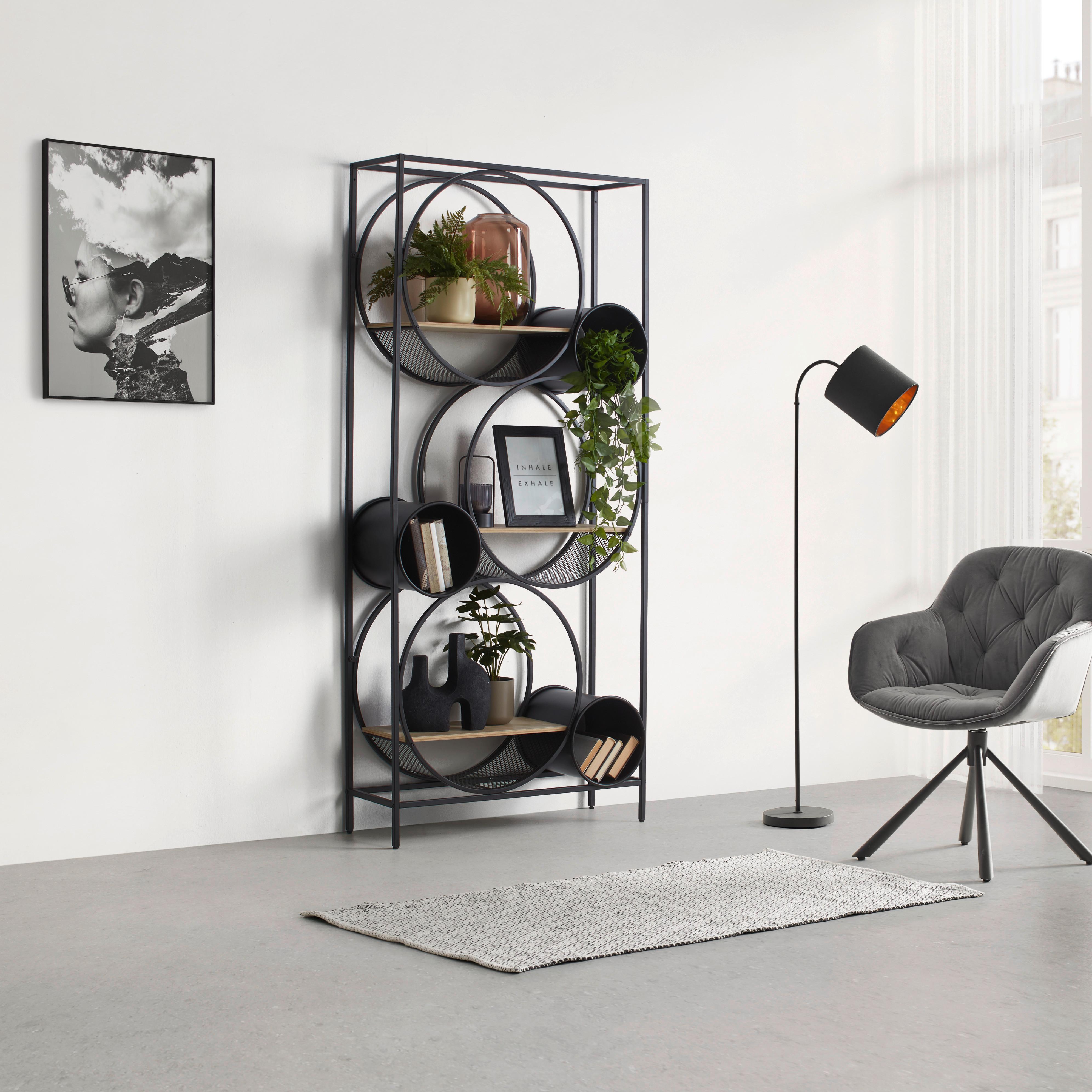 Regál CIRCLE černá/přírodní - černá/přírodní barvy, Moderní, kov/kompozitní dřevo (84/186/30cm) - Premium Living