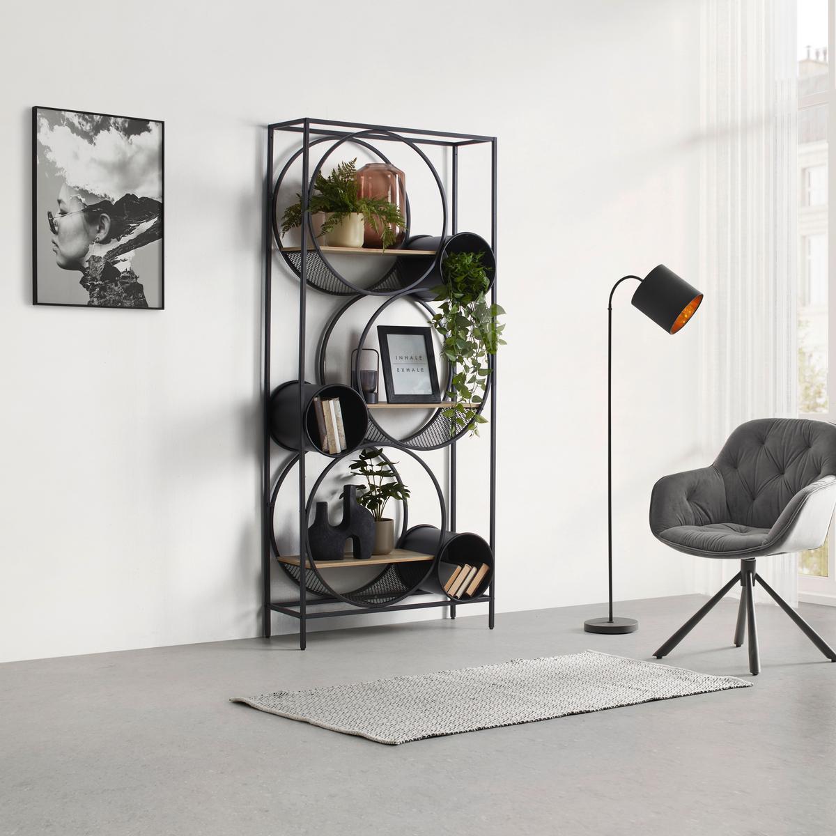 Regál CIRCLE čierna/prírodná - čierna/prírodná farba, Modern, kov/kompozitné drevo (84/186/30cm) - Premium Living