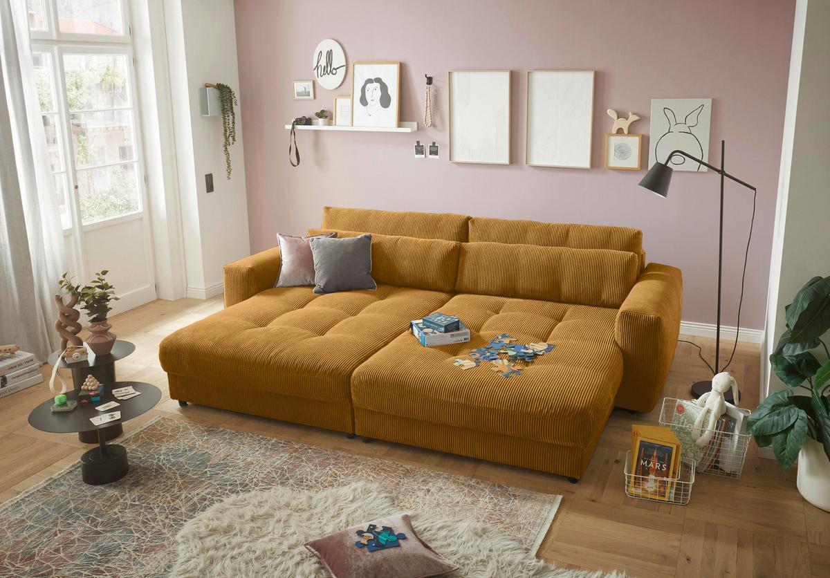 Mega pohovka LOVESEAT žlutá - černá/žlutá, Konvenční, kompozitní dřevo/textil (292/90/194cm) - MID.YOU