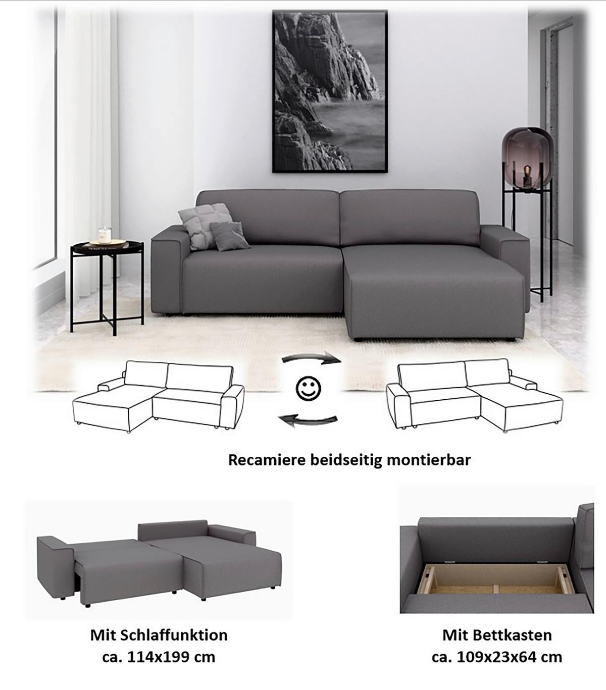 Ecksofa Chance, D.grau S: 265x164 cm - Dunkelgrau/Schwarz, MODERN, Textil (265/164cm) - Trendmanufaktur